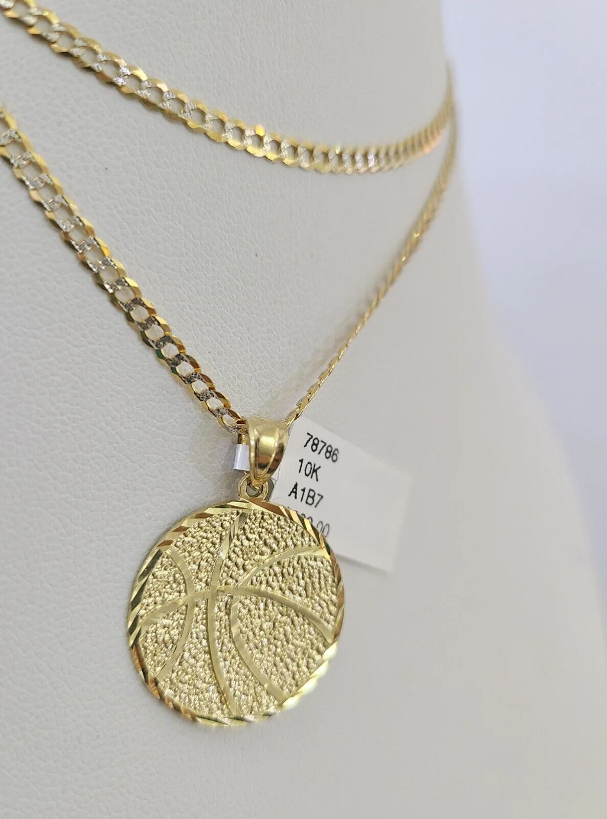 10k Solid Gold Cuban Curb Chain Basket Ball Pendant 2mm 18"-24" SET Necklace - Image 6