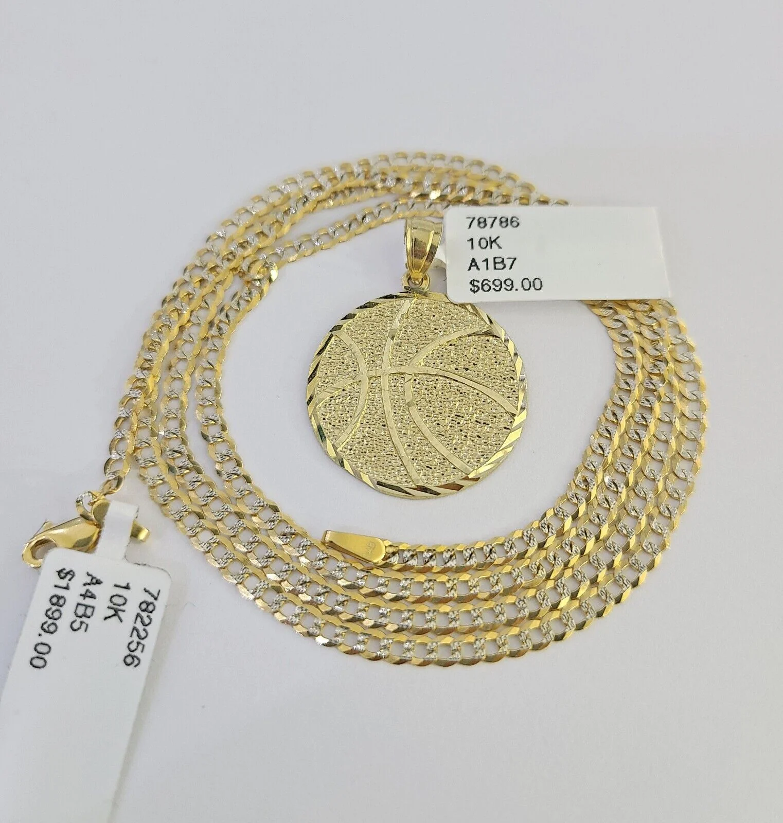 10k Solid Gold Cuban Curb Chain Basket Ball Pendant 2mm 18"-24" SET Necklace - Image 9