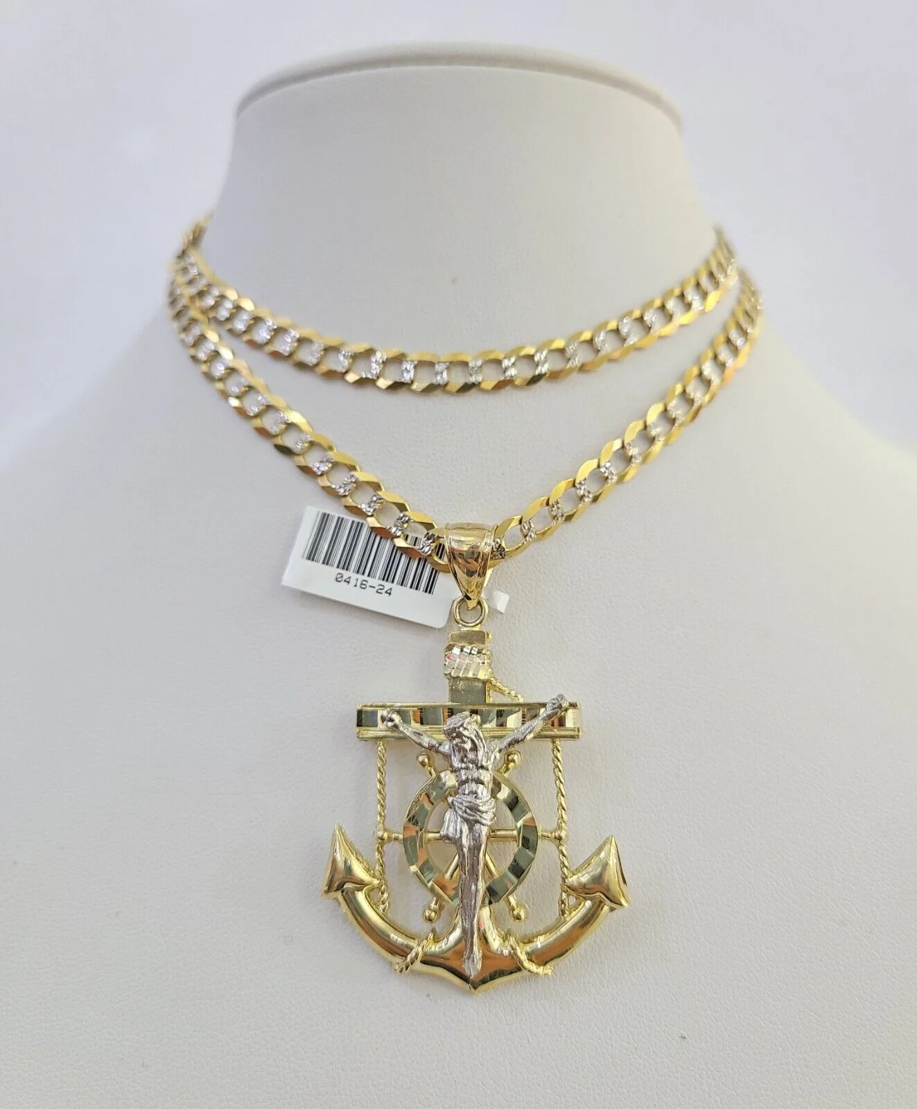 10k Solid Gold Cuban Curb Chain Jesus Anchor Pendant 6mm 20"-30" SET Necklace - Image 2