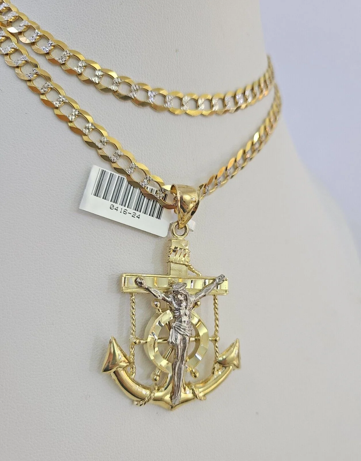 10k Solid Gold Cuban Curb Chain Jesus Anchor Pendant 6mm 20"-30" SET Necklace - Image 5