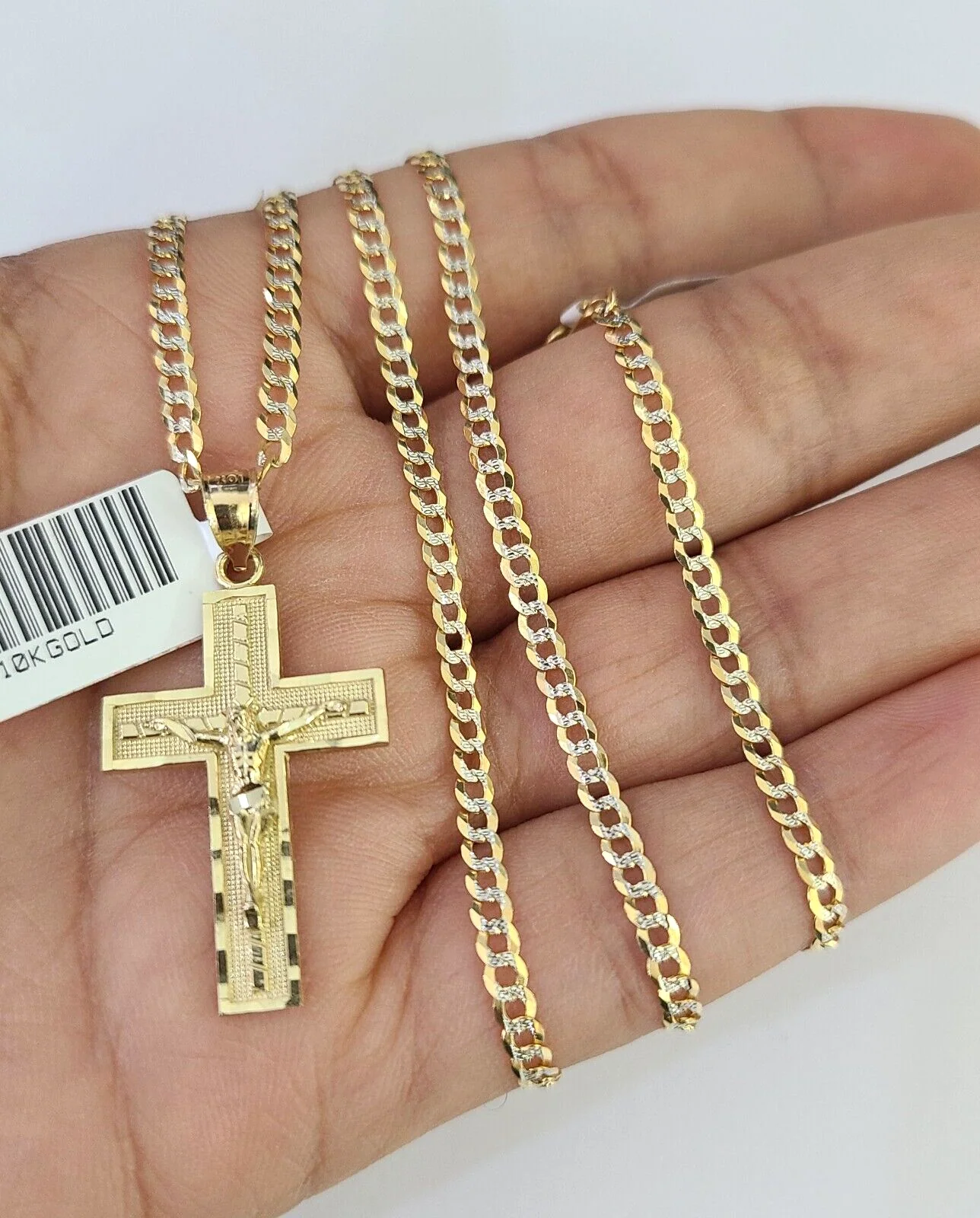10k Solid Gold Cuban Curb Chain Jesus Cross Pendant 2mm 18"-24" SET Necklace - Image 3