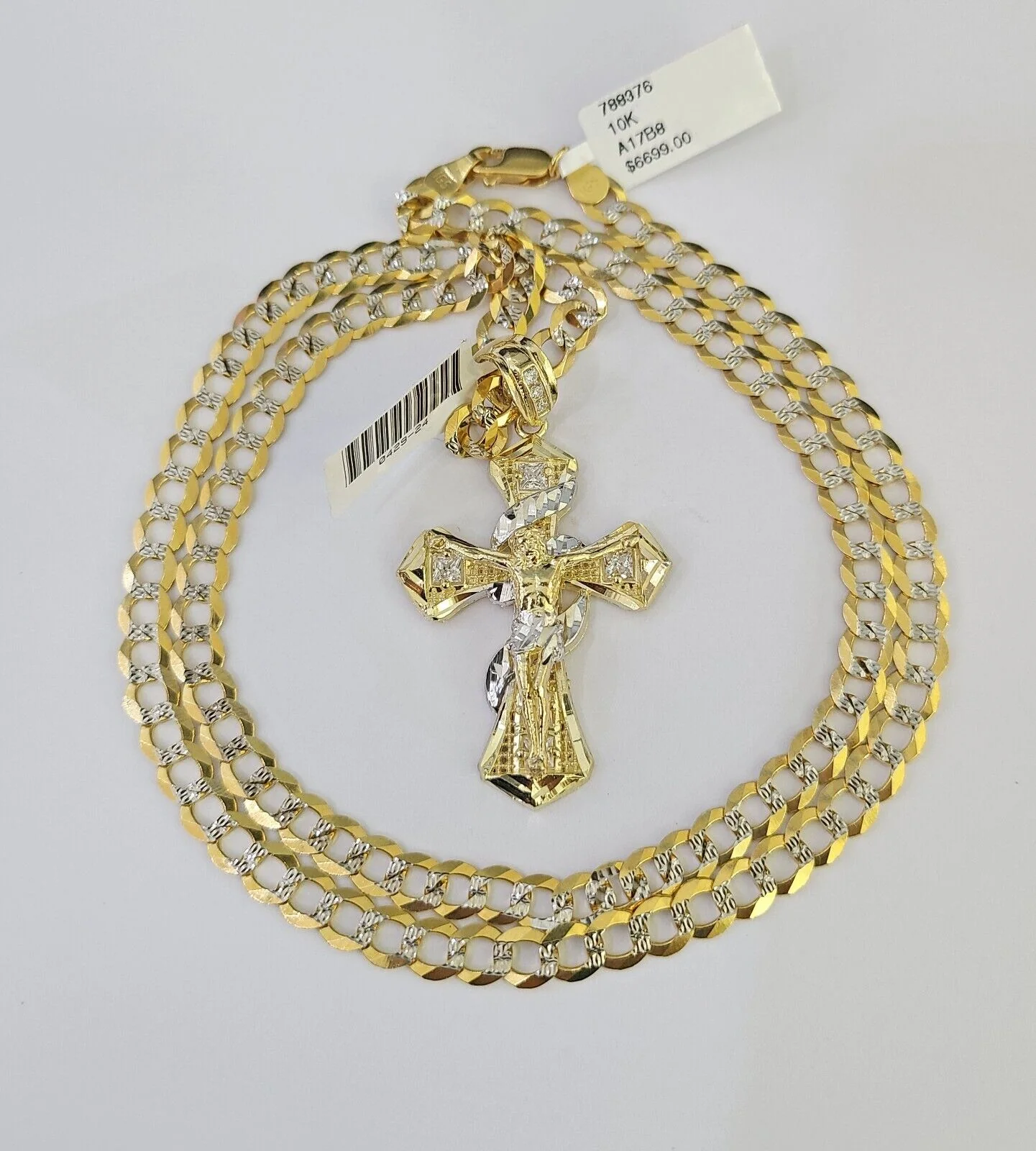 10k Solid Gold Cuban Curb Chain Jesus Cross Pendant 6mm 20"-30" SET Necklace - Image 2