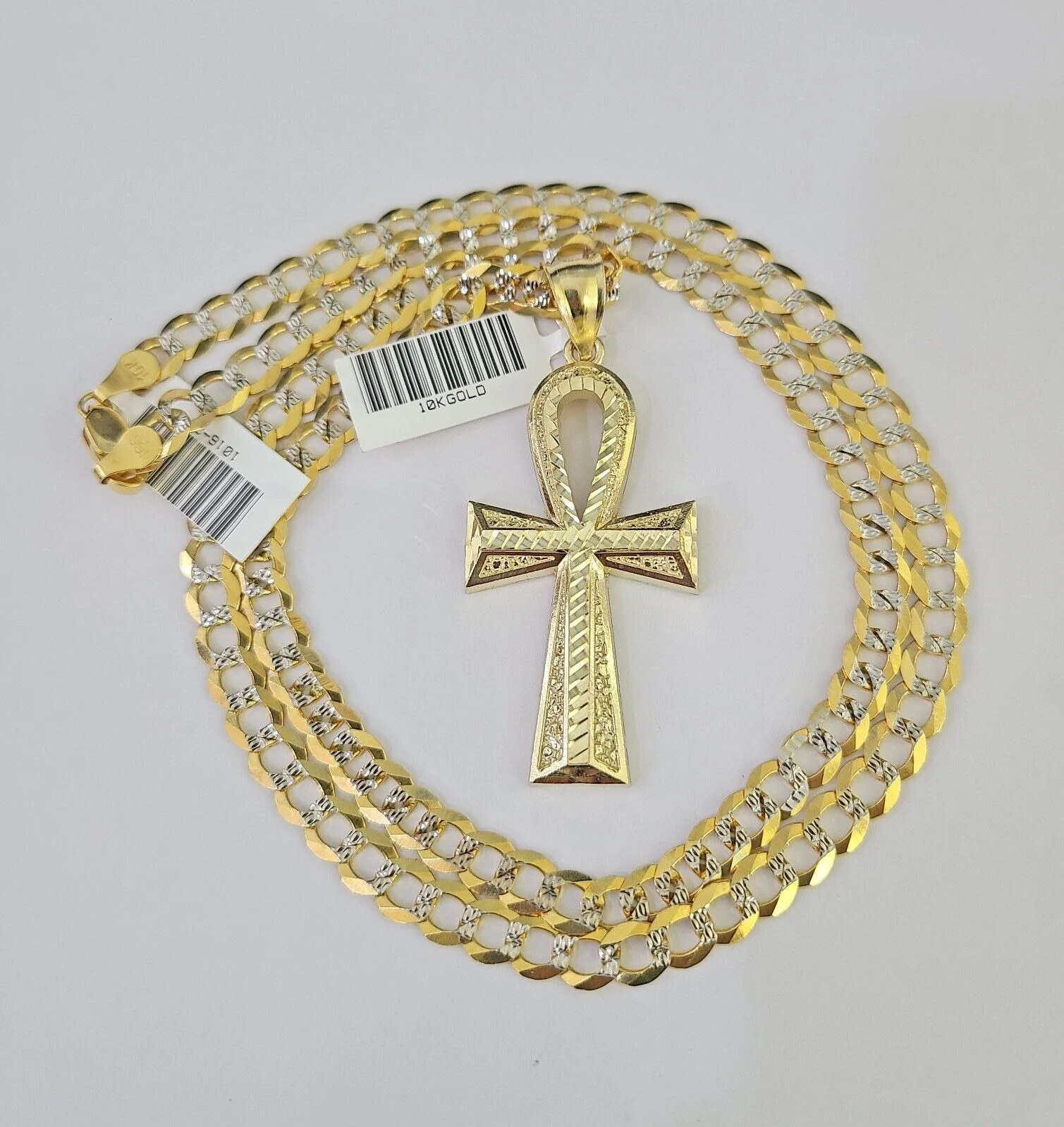 10k Solid Gold Cuban Curb Chain Jesus Cross Pendant 6mm 20"-30" SET Necklace - Image 2