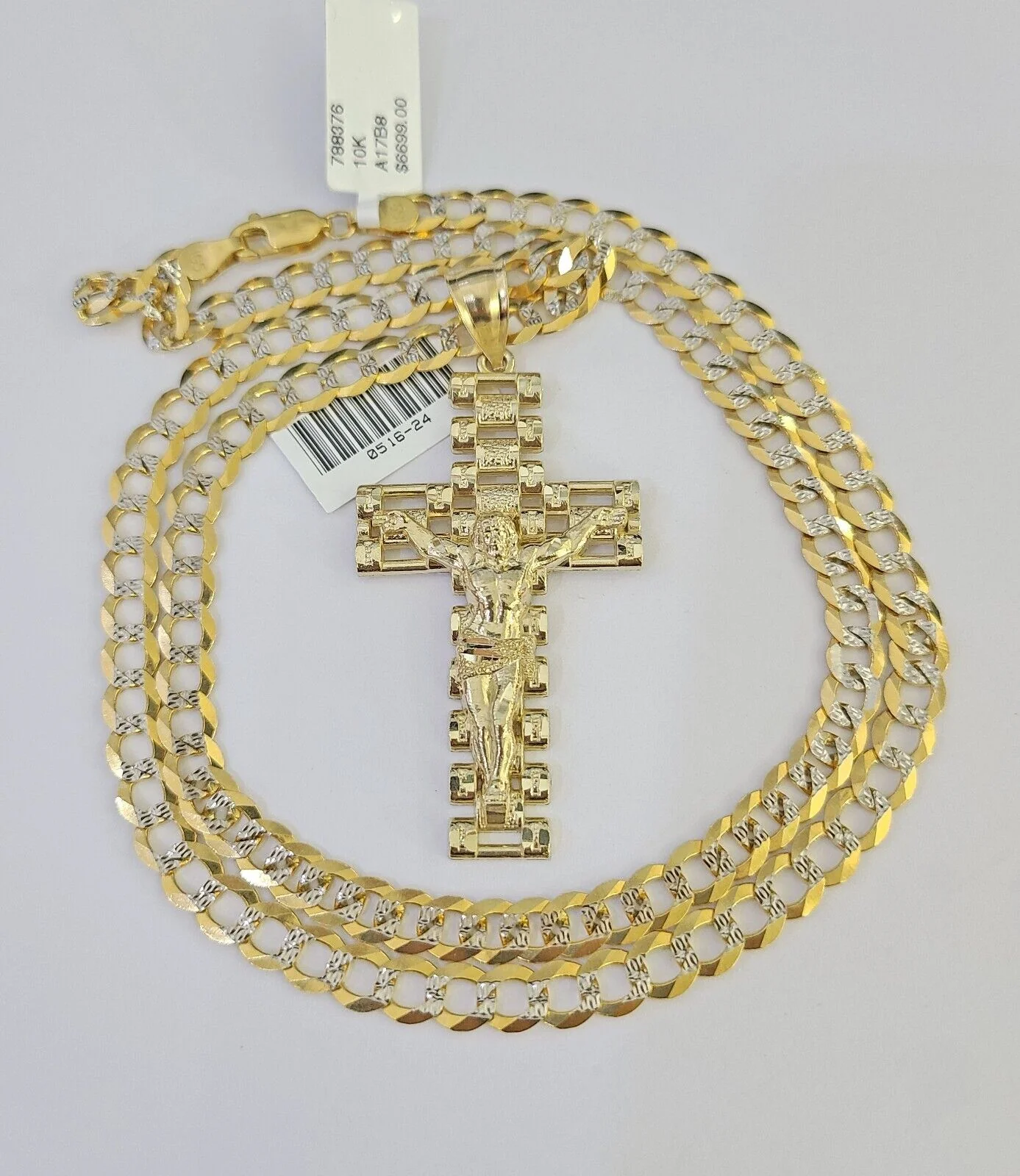 10k Solid Gold Cuban Curb Chain Jesus Cross Pendant 6mm 20"-30" SET Necklace - Image 2