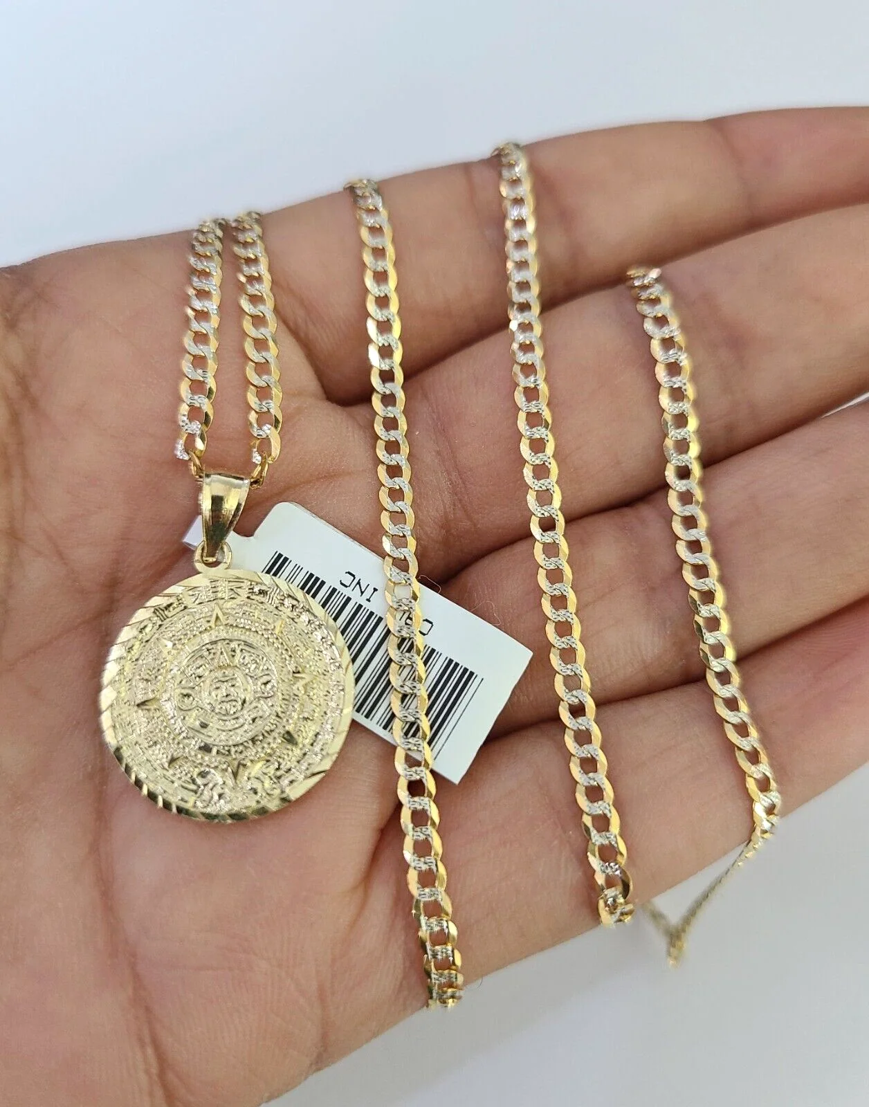 10k Solid Gold Cuban Curb Chain Mayan Calendar Pendant 2mm 18"-24" SET Necklace - Image 3