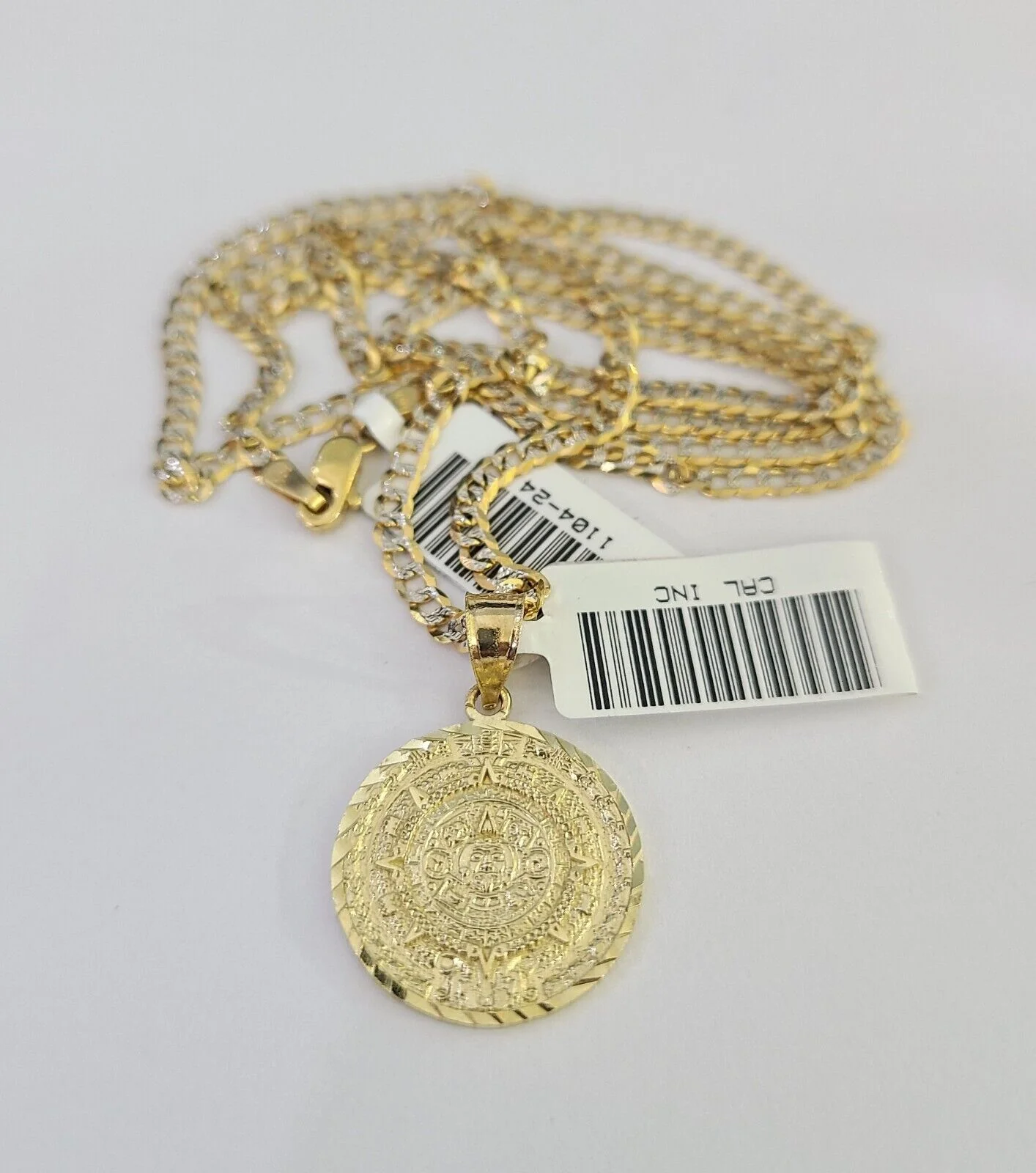 10k Solid Gold Cuban Curb Chain Mayan Calendar Pendant 2mm 18"-24" SET Necklace - Image 5