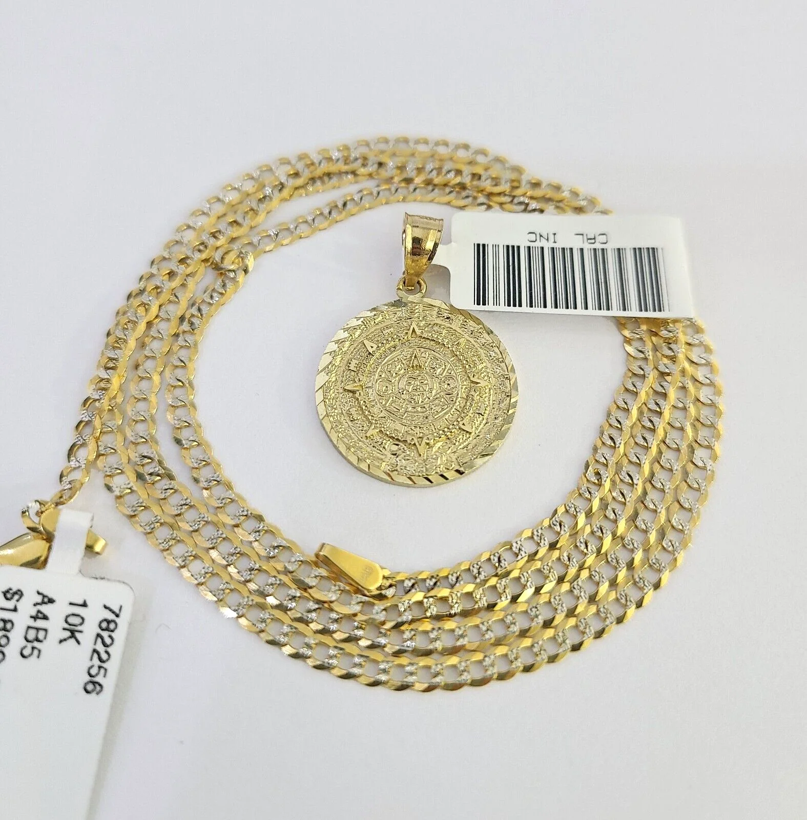 10k Solid Gold Cuban Curb Chain Mayan Calendar Pendant 2mm 18"-24" SET Necklace - Image 9