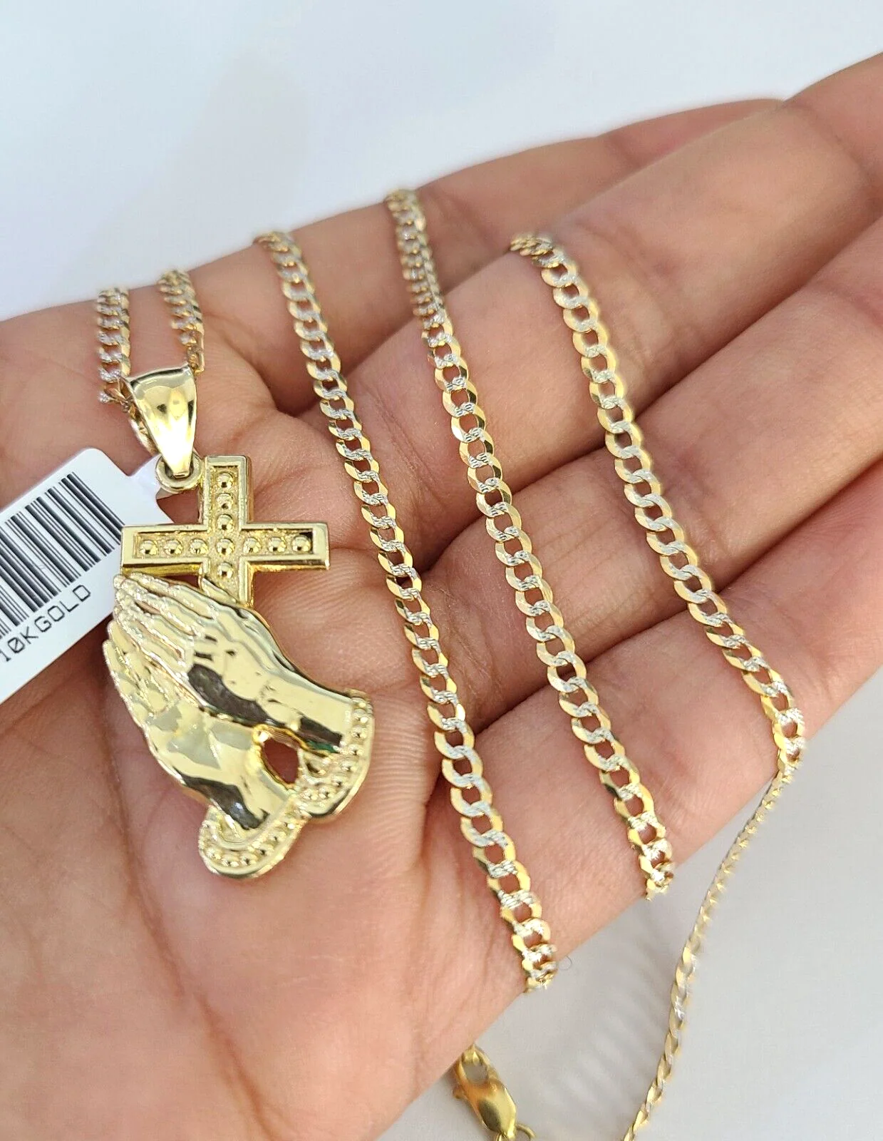 10k Solid Gold Cuban Curb Chain Praying Hands Pendant 2mm 18"-24" SET Necklace - Image 2