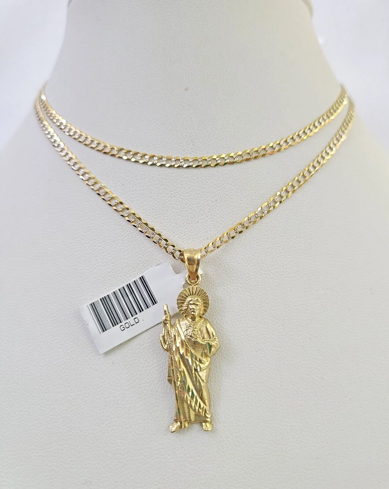 10k Solid Gold Cuban Curb Chain Saint Jude Pendant 2mm 18"-24" SET Necklace - Image 2