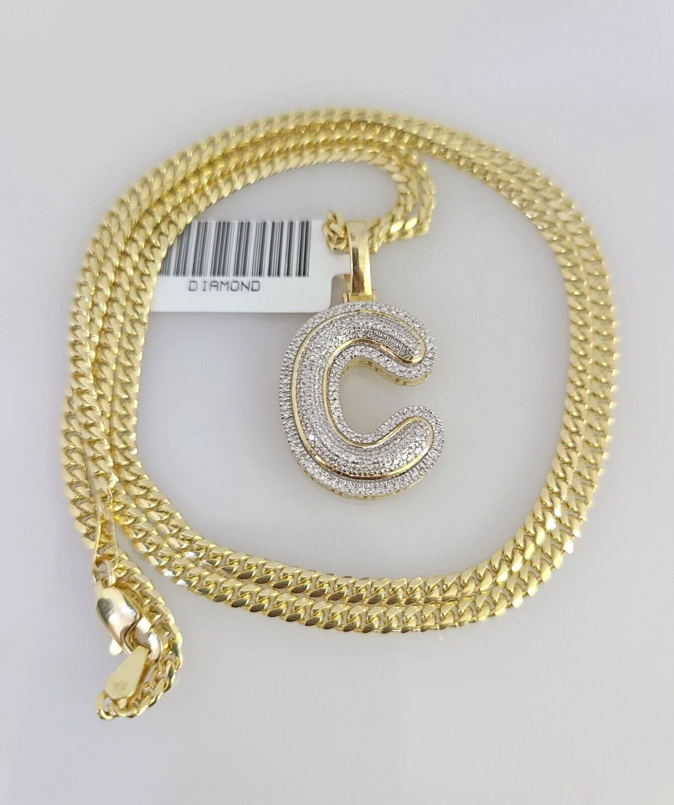 10K Solid Gold Miami Cuban Chain SET Diamond C Initial Charm 18"-26" 2.5mm - Image 4