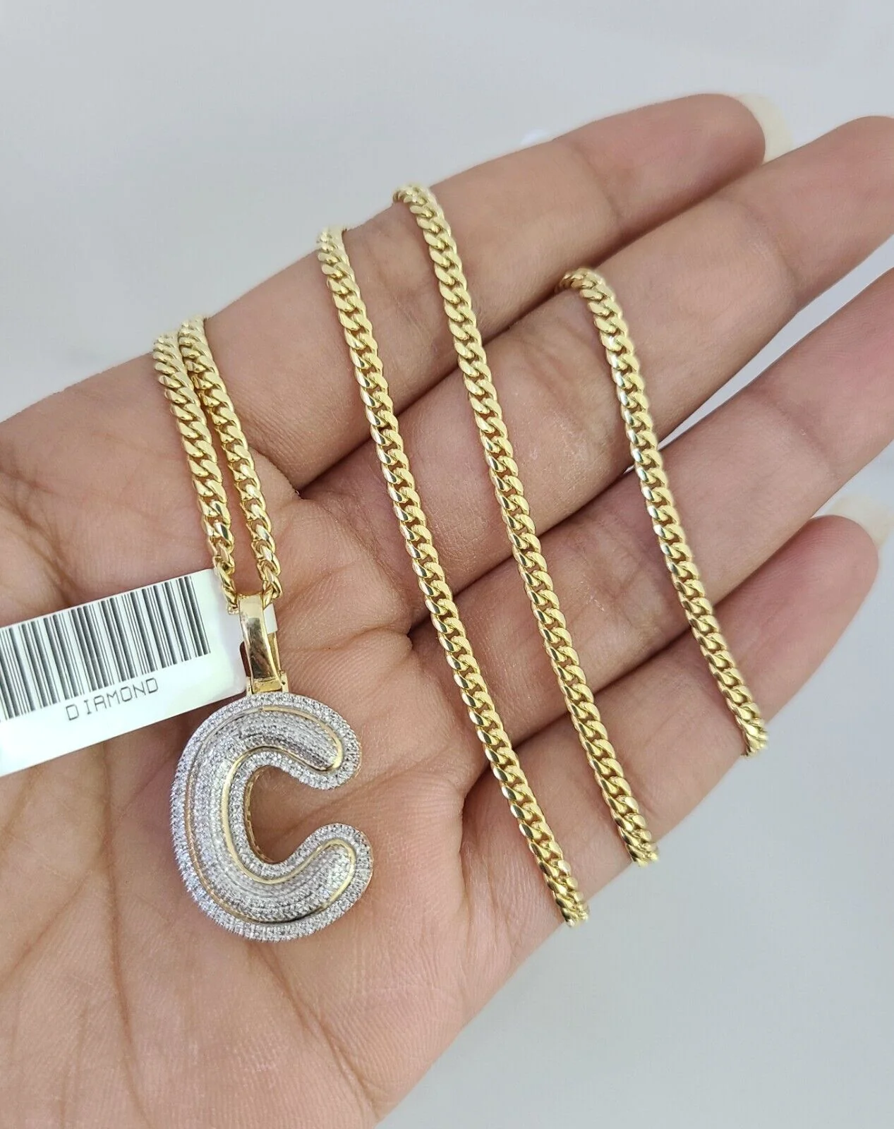 10K Solid Gold Miami Cuban Chain SET Diamond C Initial Charm 18"-26" 2.5mm - Image 5