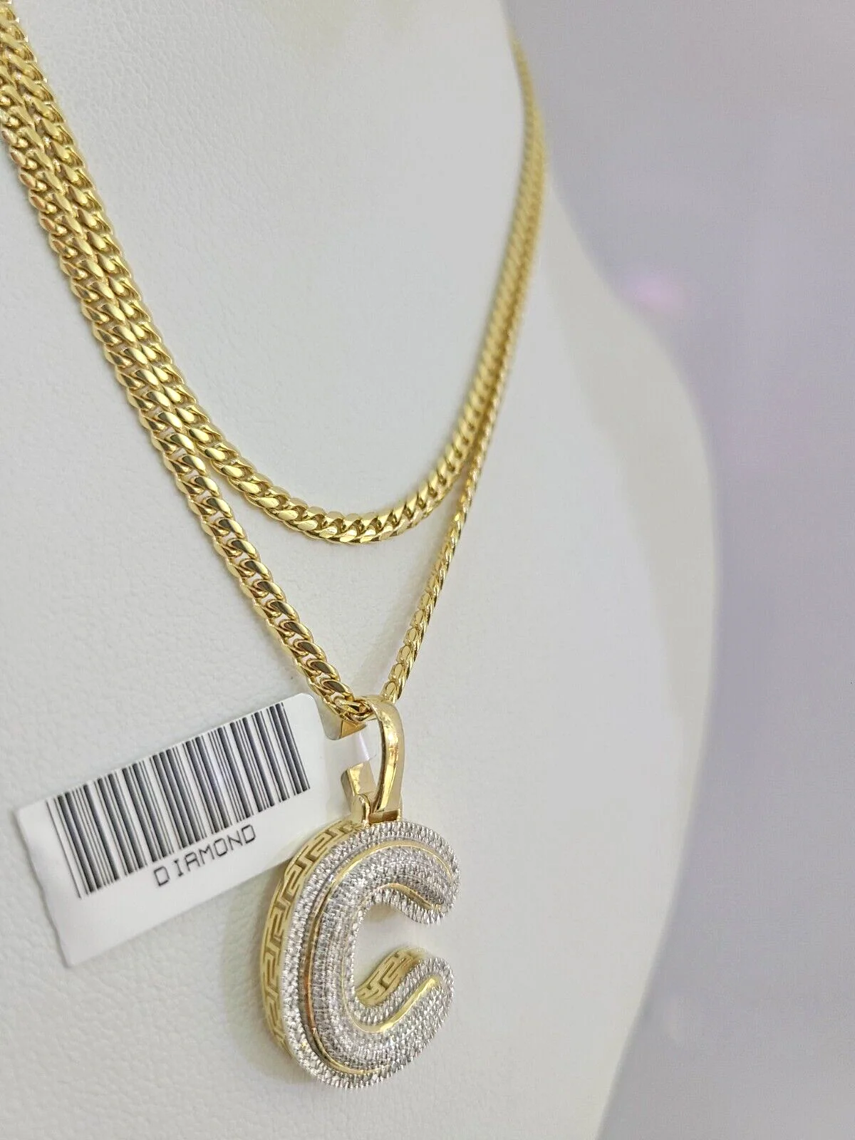 10K Solid Gold Miami Cuban Chain SET Diamond C Initial Charm 18"-26" 2.5mm - Image 6