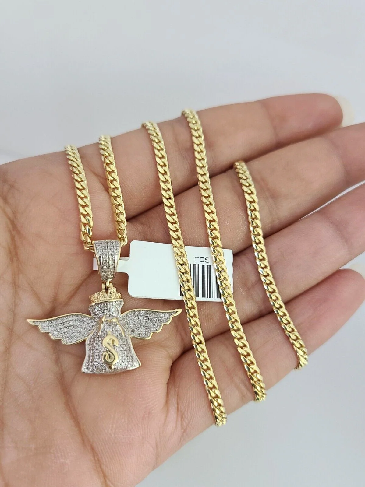 10K Solid Gold Miami Cuban Chain SET Diamond Money Bag Wing Charm 18"-26" 2.5mm - Image 4