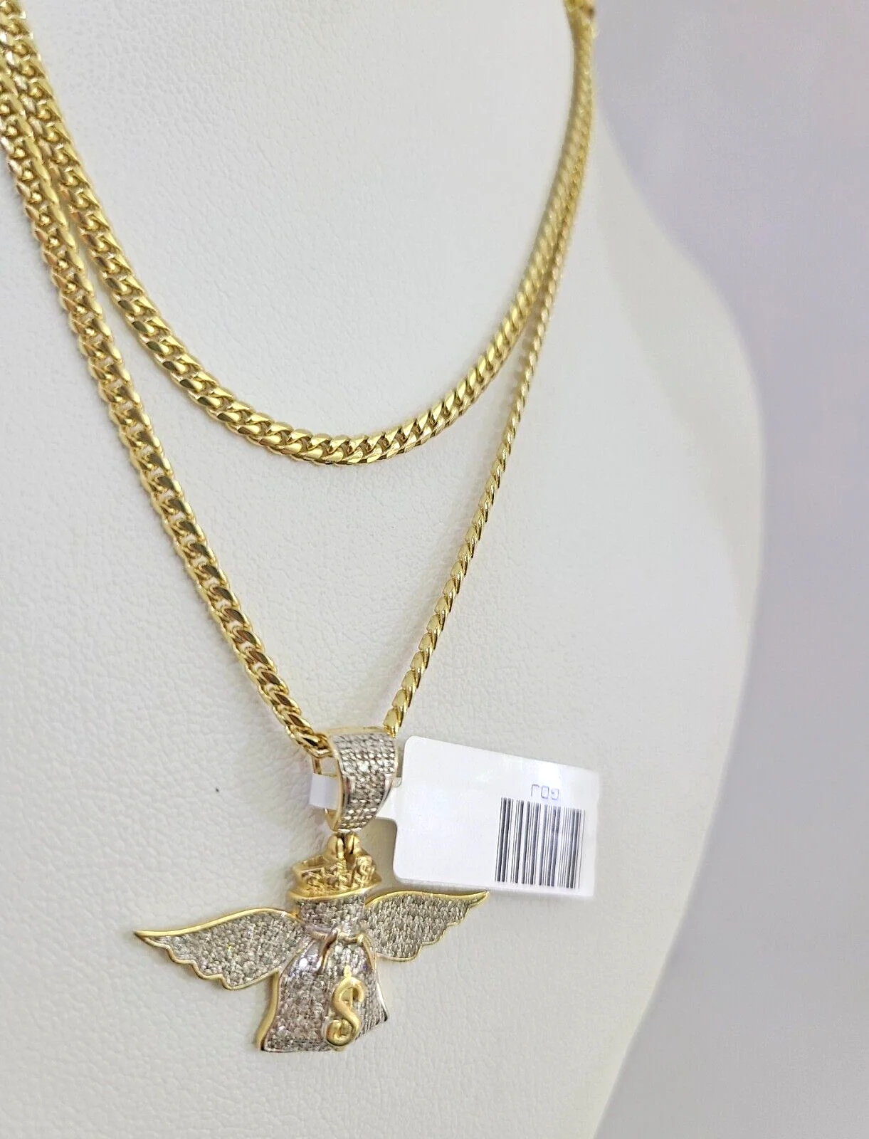 10K Solid Gold Miami Cuban Chain SET Diamond Money Bag Wing Charm 18"-26" 2.5mm - Image 6