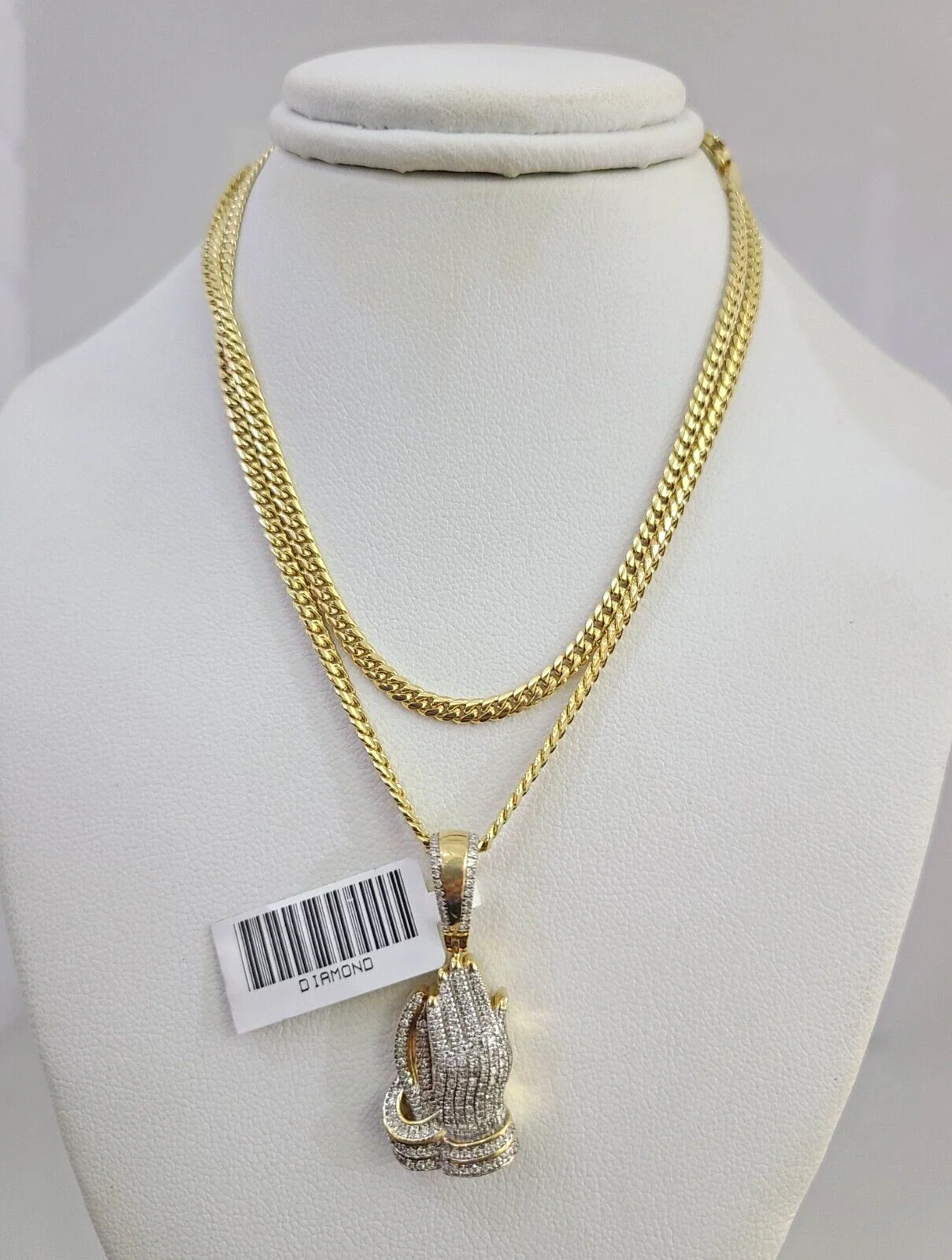 10K Solid Gold Miami Cuban Chain SET Diamond Praying Hands Charm 18"-26" 2.5mm