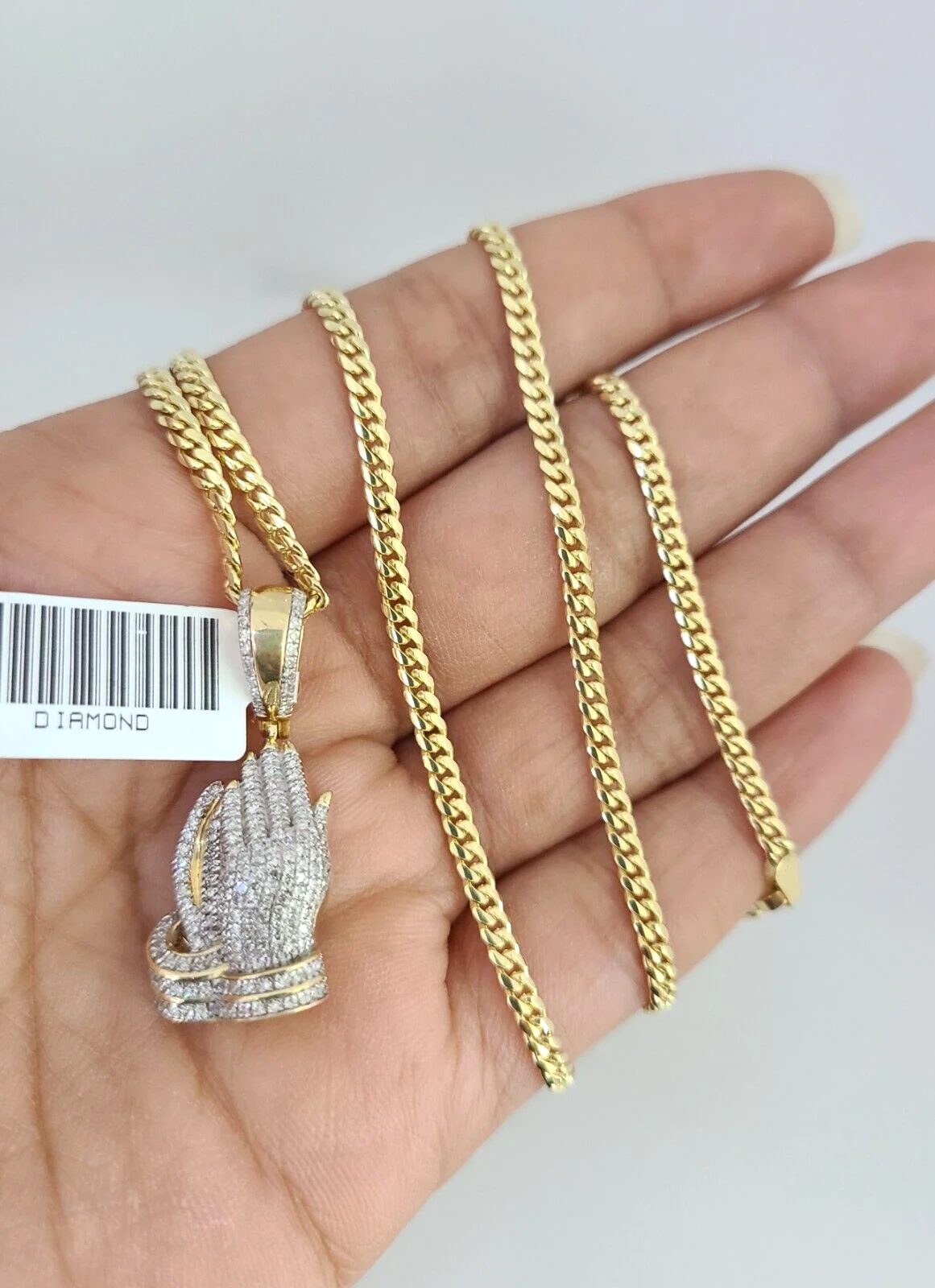 10K Solid Gold Miami Cuban Chain SET Diamond Praying Hands Charm 18"-26" 2.5mm - Image 4