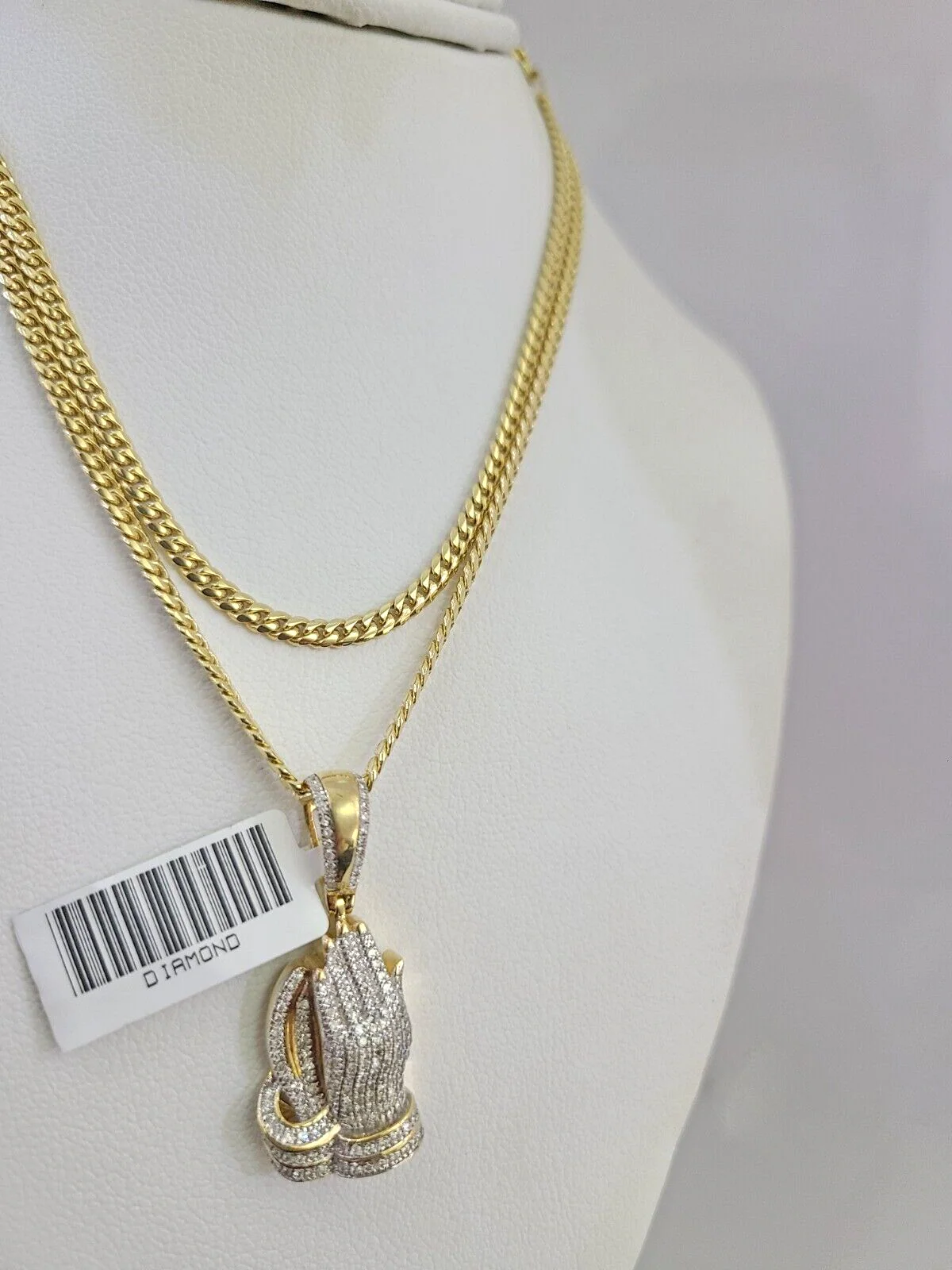 10K Solid Gold Miami Cuban Chain SET Diamond Praying Hands Charm 18"-26" 2.5mm - Image 6