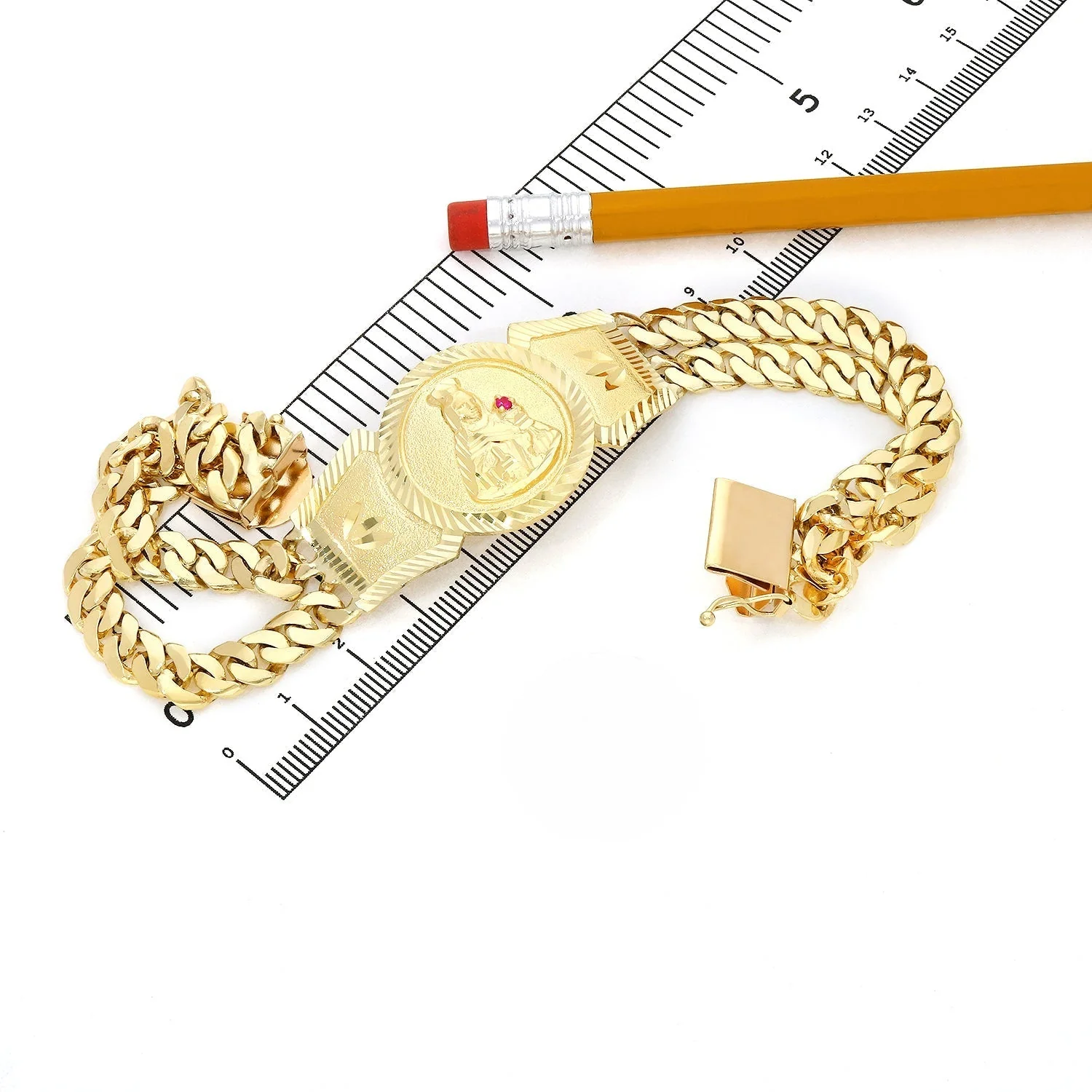 10k Solid Gold Saint Barbara Bracelet Cuban Link 8.25inch Box Lock Oro Brazalete - Image 3