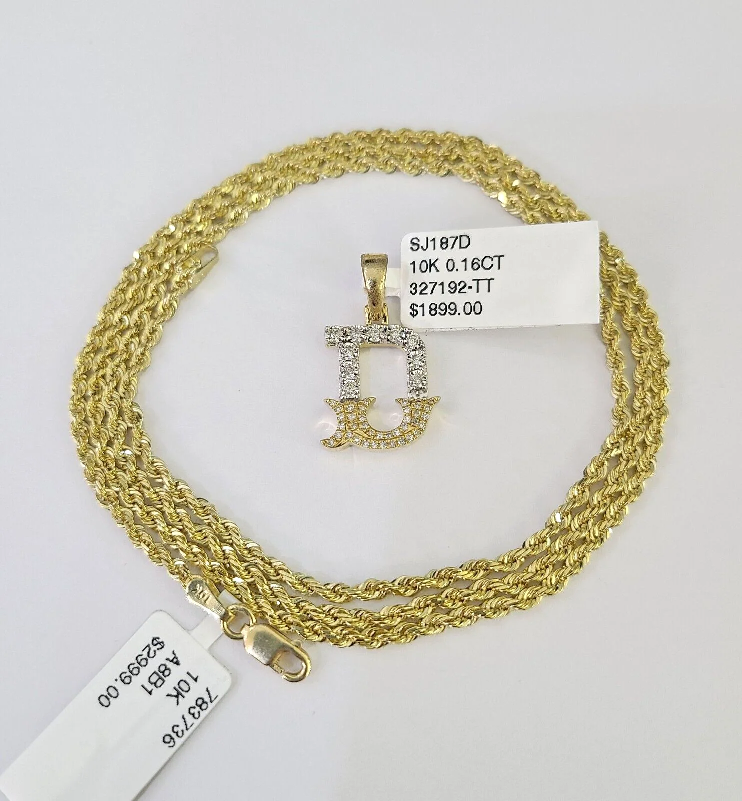10k Solid Rope Chain 2mm D Initial Diamond Pendant Charm Necklace SET 18-22 in - Image 3