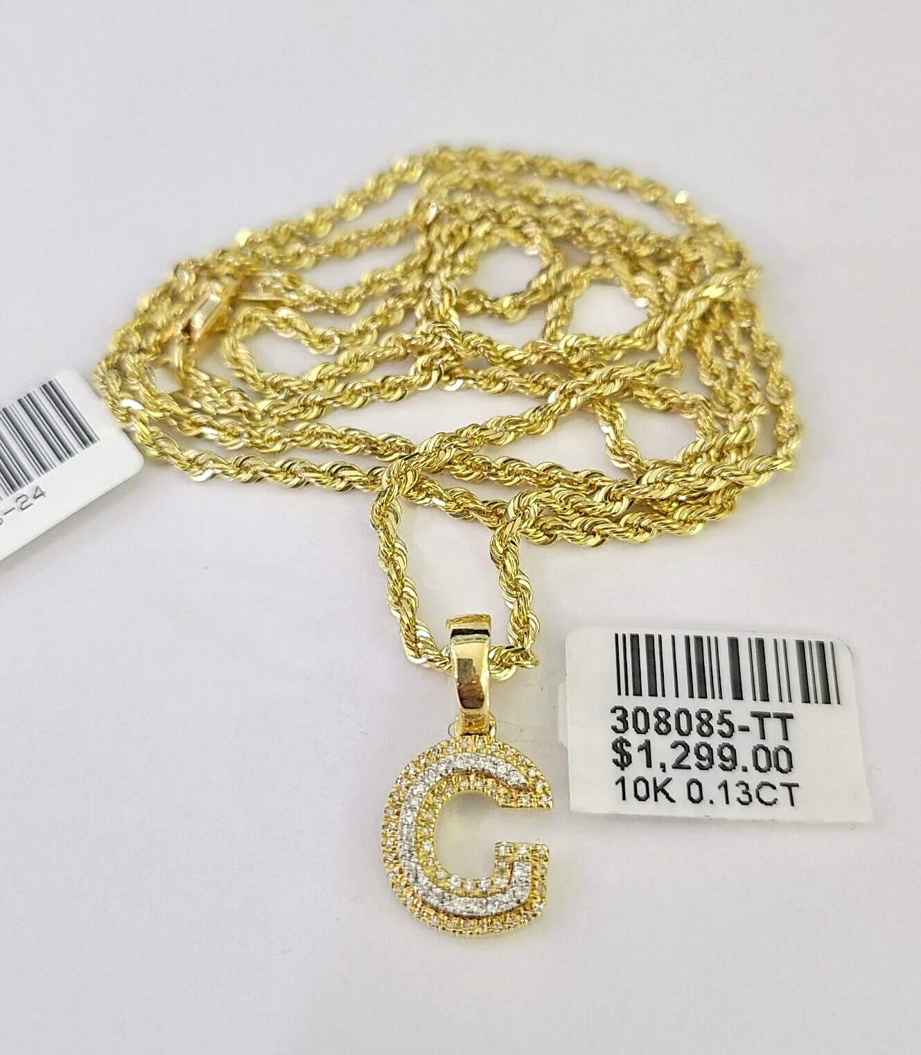 10k Solid Rope Chain 2mm G Initial Diamond Pendant Charm Necklace SET 18-22 in - Image 2