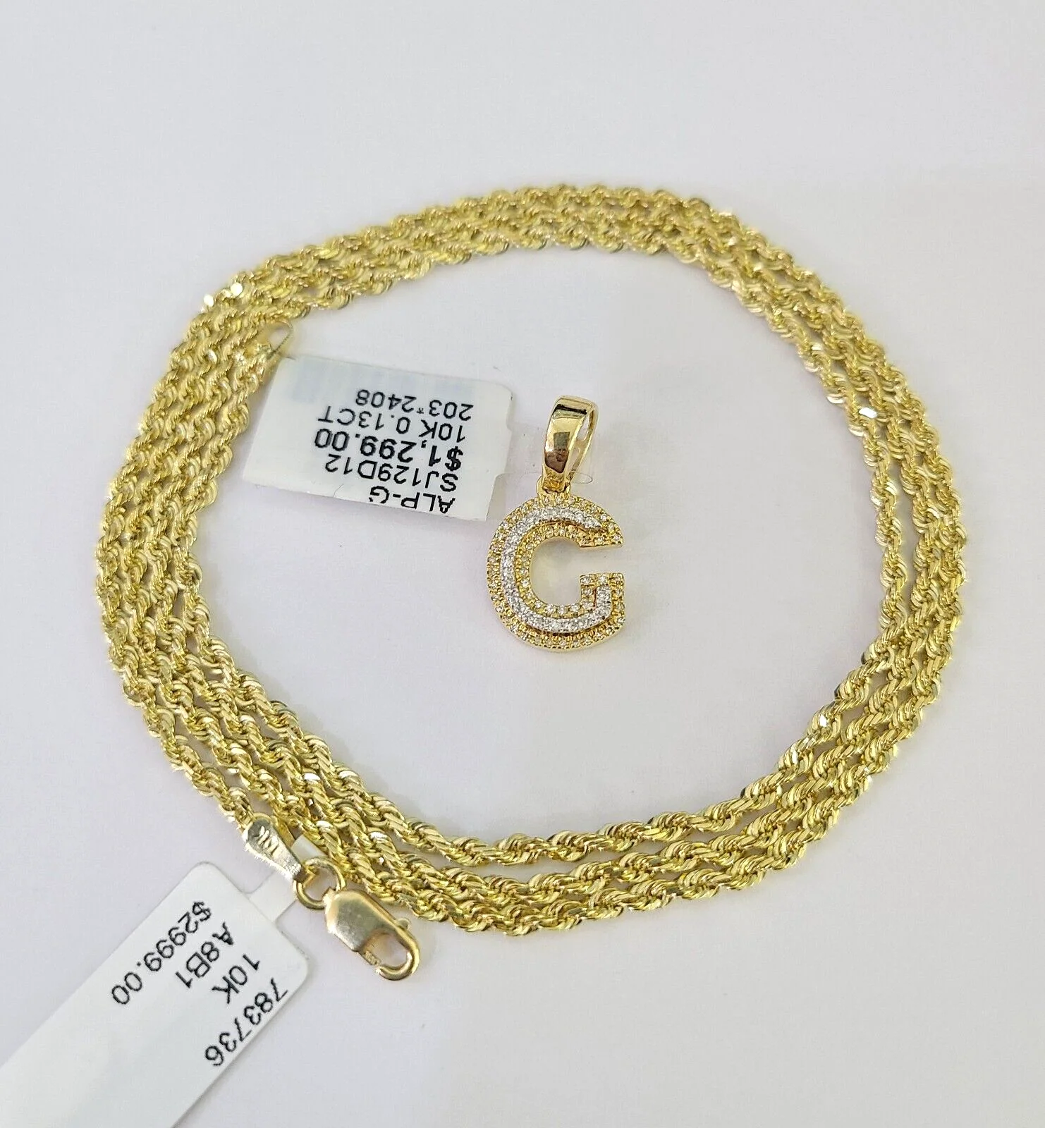 10k Solid Rope Chain 2mm G Initial Diamond Pendant Charm Necklace SET 18-22 in - Image 7