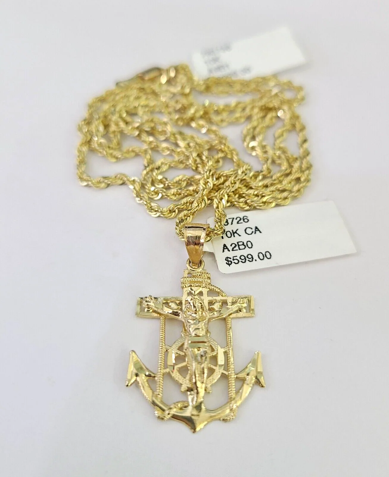 10k Solid Rope Chain 2mm Jesus Anchor Pendant Charm Necklace SET 18-22 in Ladies - Image 5