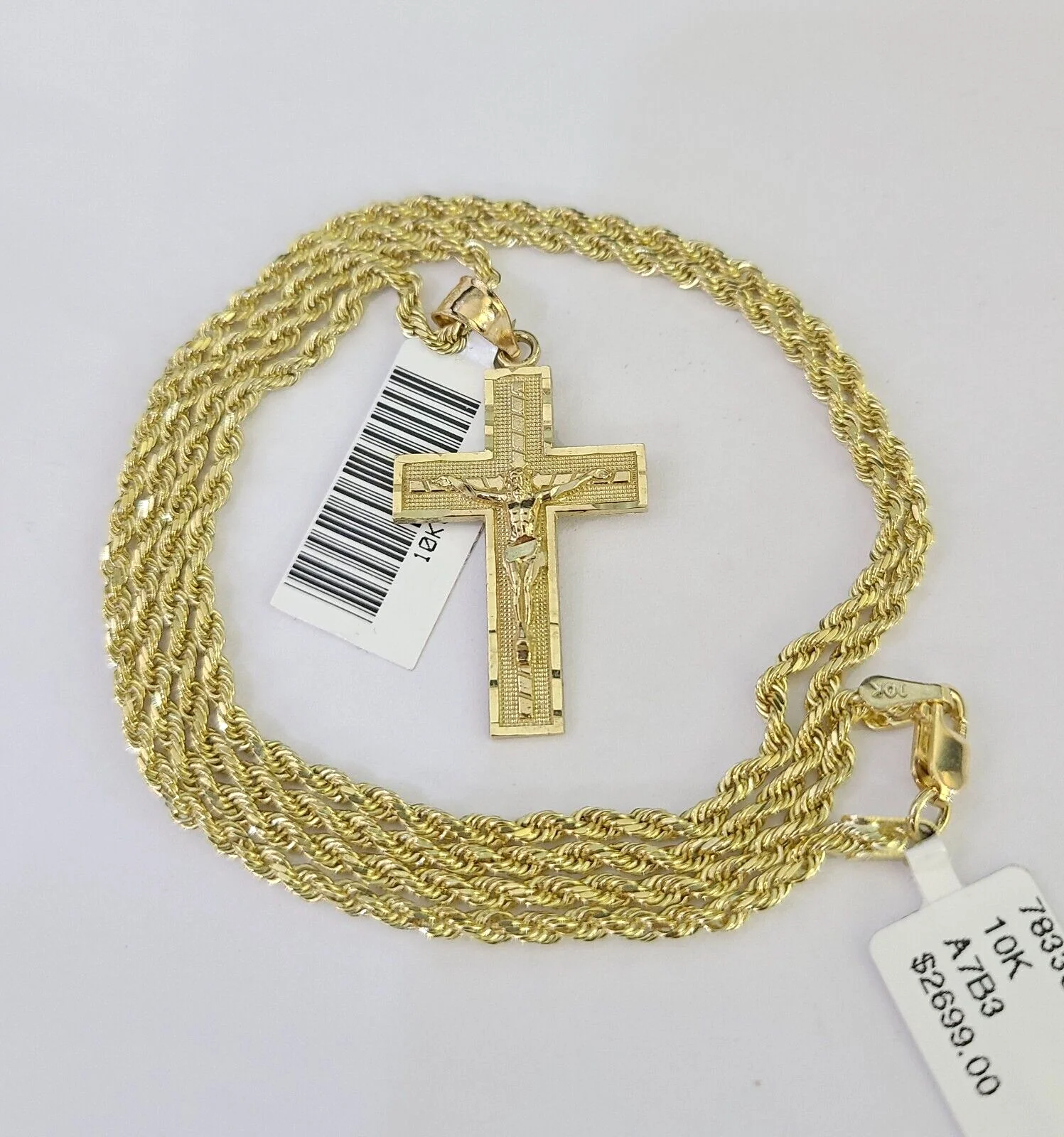 10k Solid Rope Chain 2mm Jesus Crucifix Cross Pendant Charm Necklace SET 18-24" - Image 2