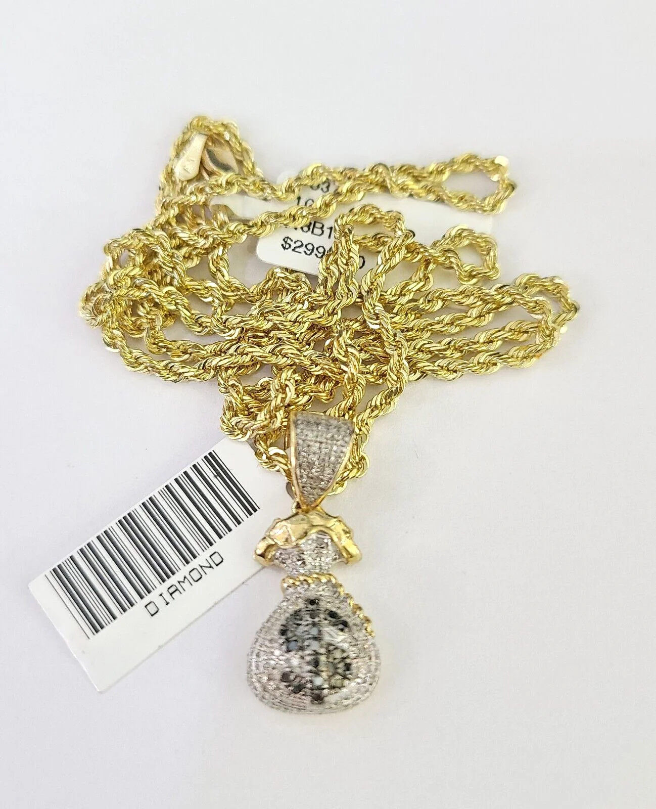 10k Solid Rope Chain 2mm Money Bag Diamond Pendant Charm Necklace SET 18-22 in - Image 2