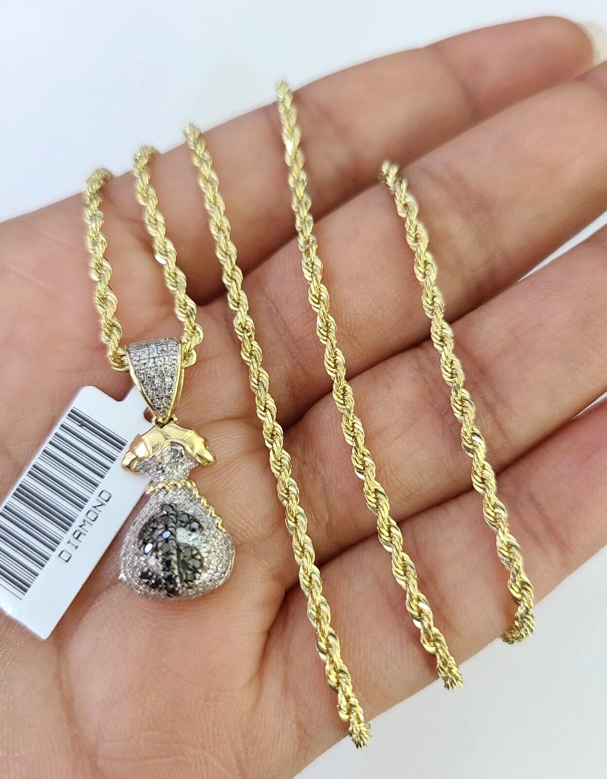 10k Solid Rope Chain 2mm Money Bag Diamond Pendant Charm Necklace SET 18-22 in - Image 4