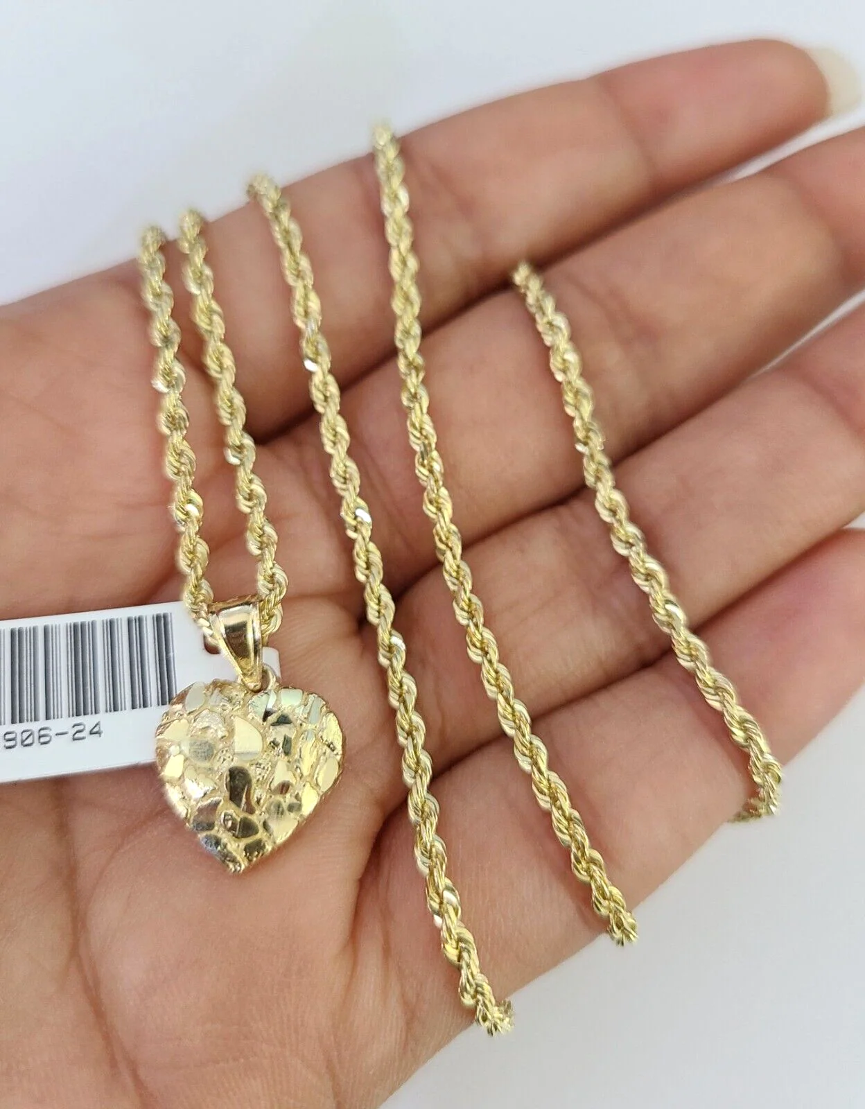 10k Solid Rope Chain 2mm Nugget Heart Pendant Charm Necklace SET 16"-22" Ladies - Image 4