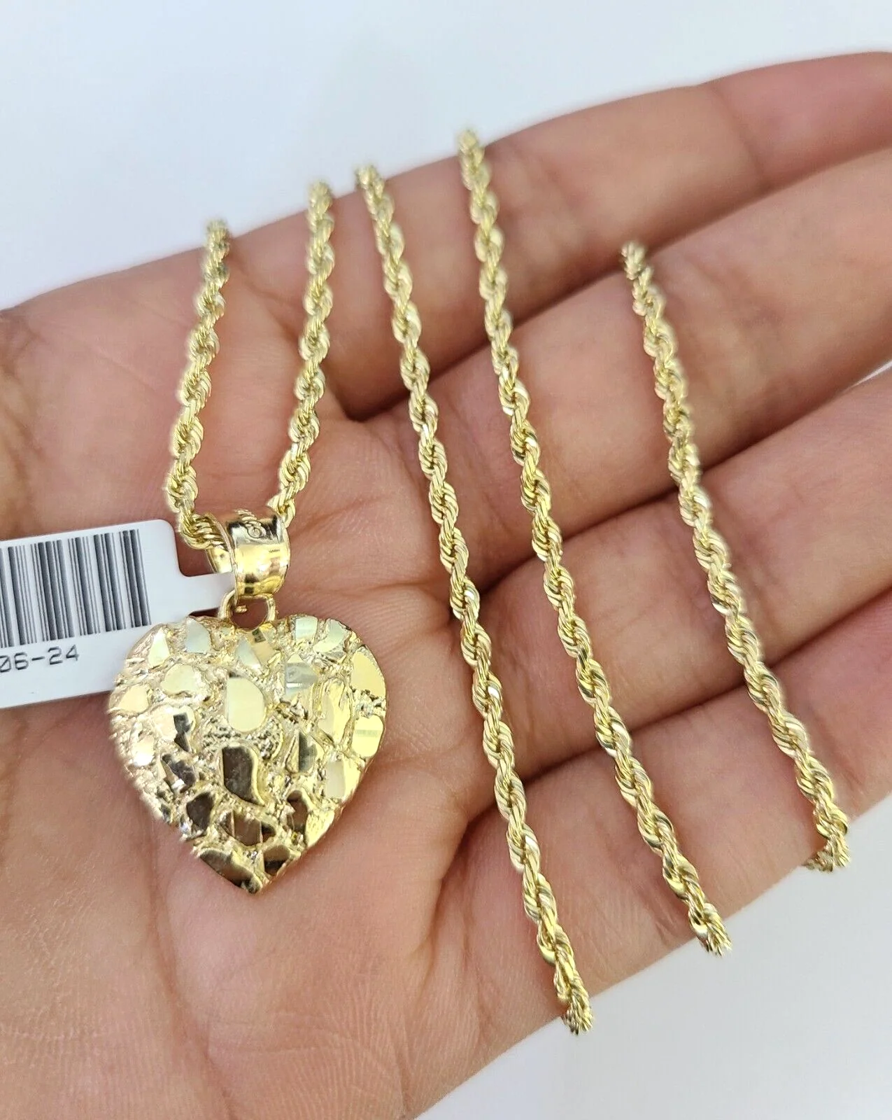 10k Solid Rope Chain 2mm Nugget Heart Pendant Charm Necklace SET 16"-22" Ladies - Image 4