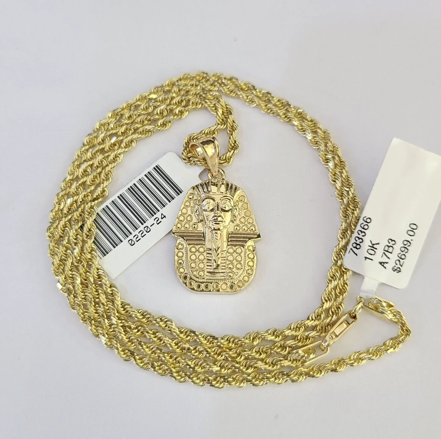 10k Solid Rope Chain 2mm Pharaoh Head Pendant Charm Necklace SET 18-24 in
