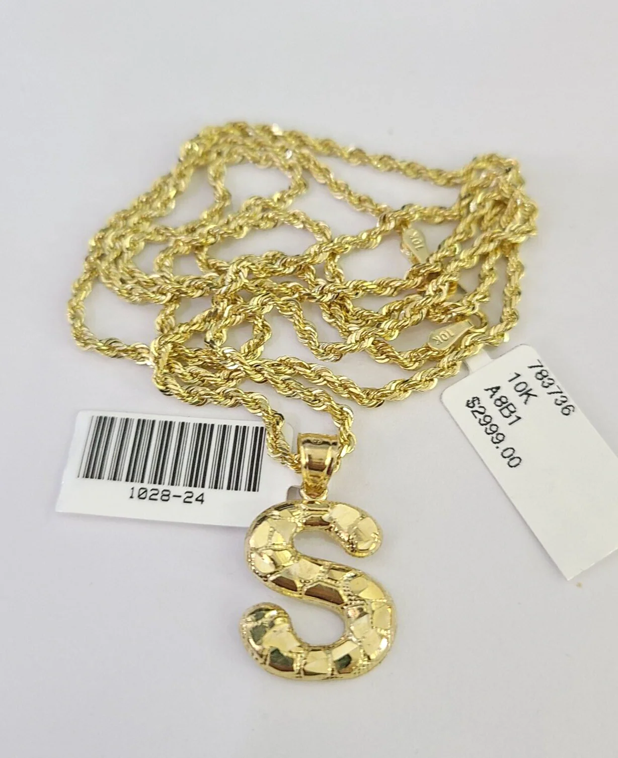 10k Solid Rope Chain 2mm S Initial Pendant Charm Necklace SET 18-22" Ladies - Image 3