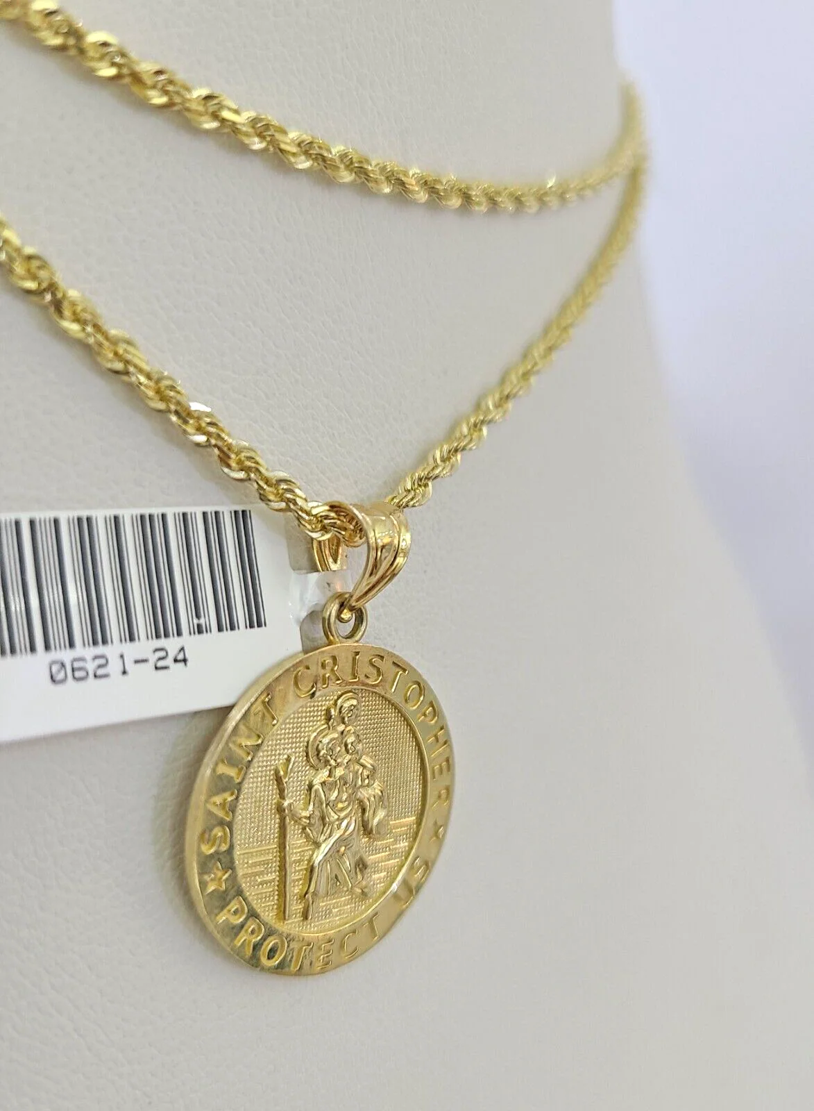 10k Solid Rope Chain 2mm Saint Cristopher Pendant Necklace SET 18-22 in Ladies - Image 2