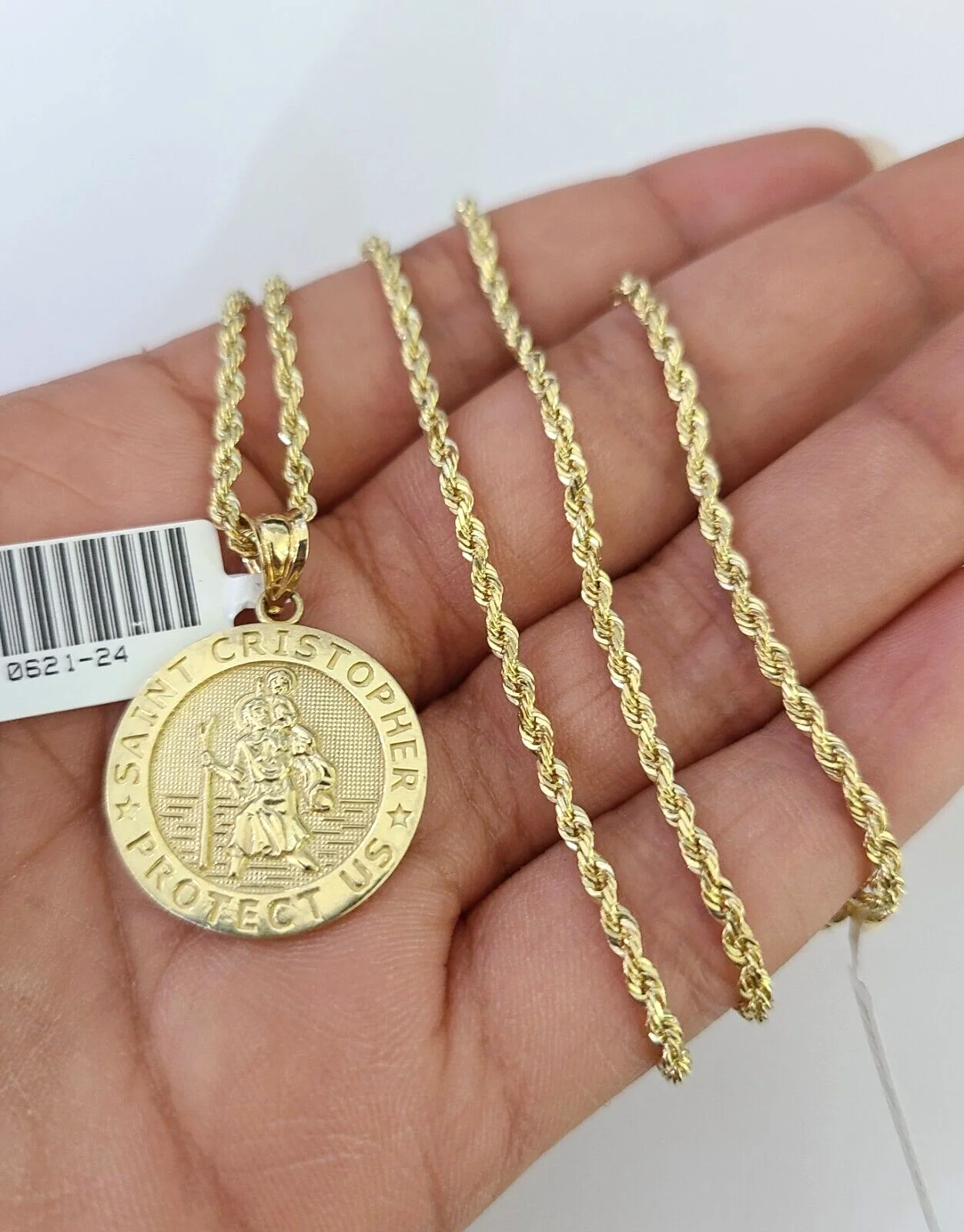 10k Solid Rope Chain 2mm Saint Cristopher Pendant Necklace SET 18-22 in Ladies - Image 3