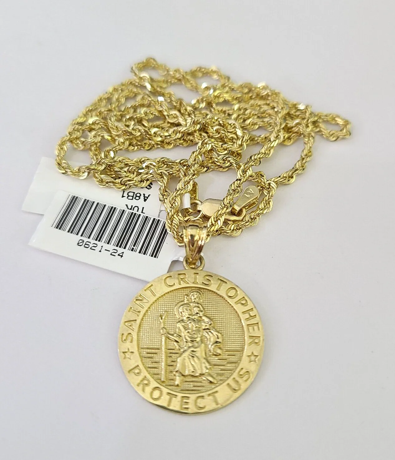 10k Solid Rope Chain 2mm Saint Cristopher Pendant Necklace SET 18-22 in Ladies - Image 4