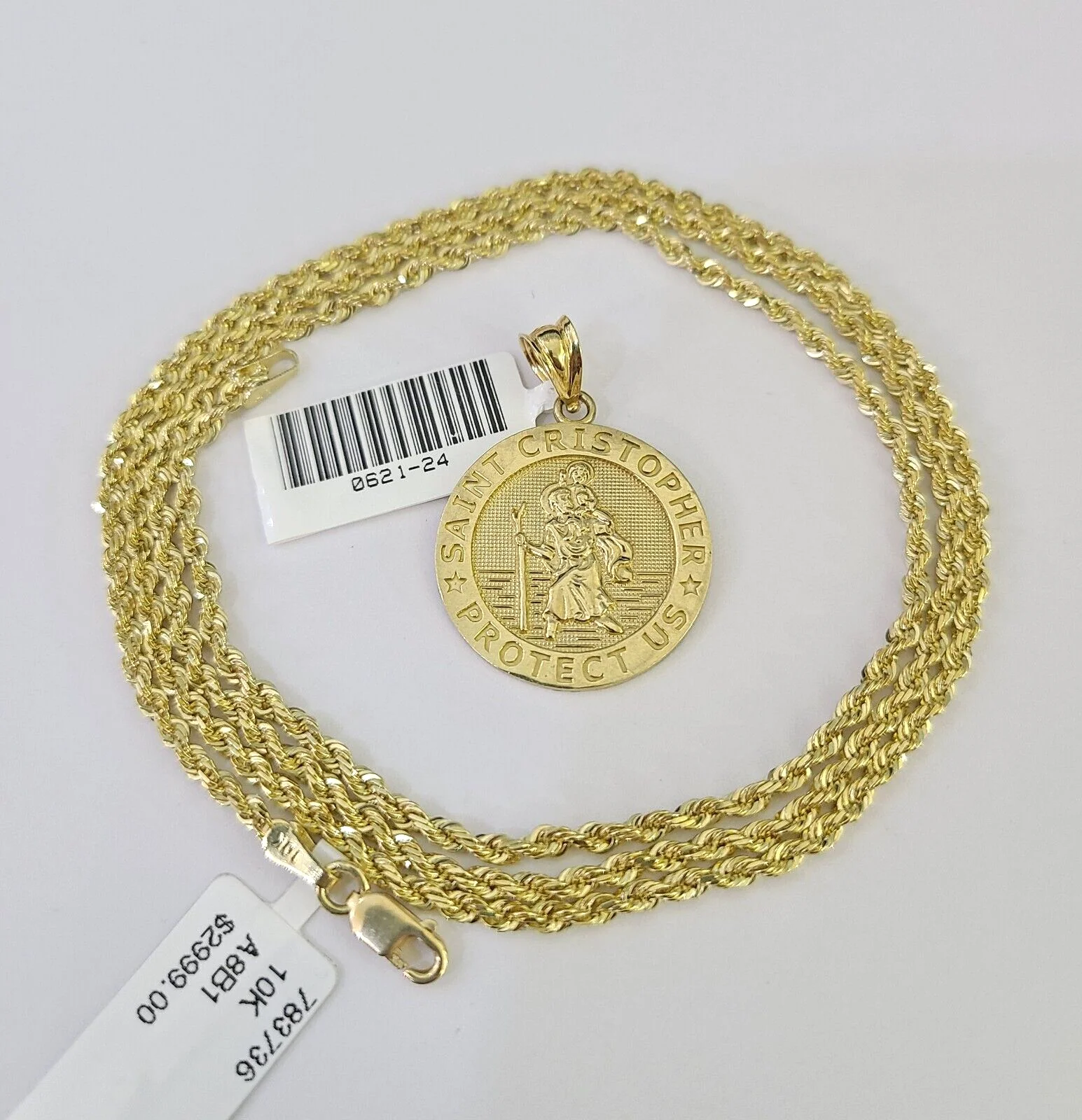 10k Solid Rope Chain 2mm Saint Cristopher Pendant Necklace SET 18-22 in Ladies - Image 7