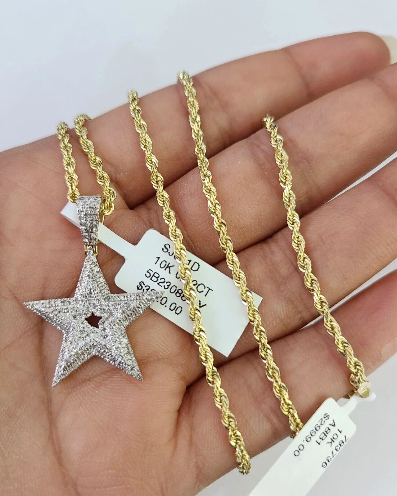 10k Solid Rope Chain 2mm Star Diamond Pendant Charm Necklace SET 18-22 in - Image 3