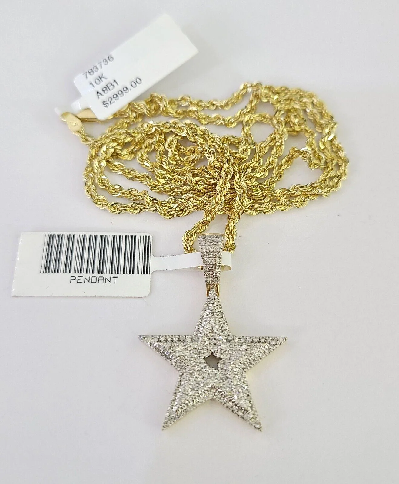 10k Solid Rope Chain 2mm Star Diamond Pendant Charm Necklace SET 18-22 in - Image 5