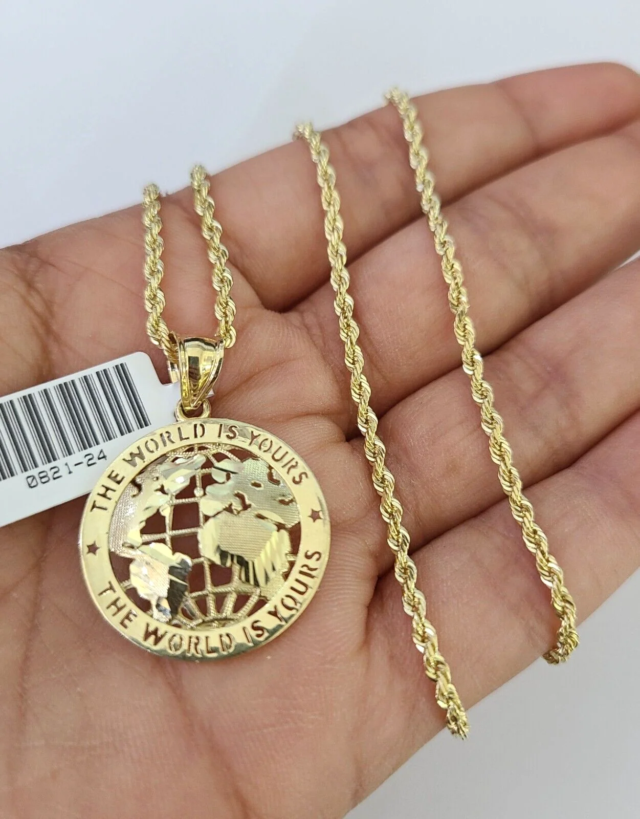 10k Solid Rope Chain 2mm World is Yours Pendant Necklace SET 18-22 in Ladies - Image 3