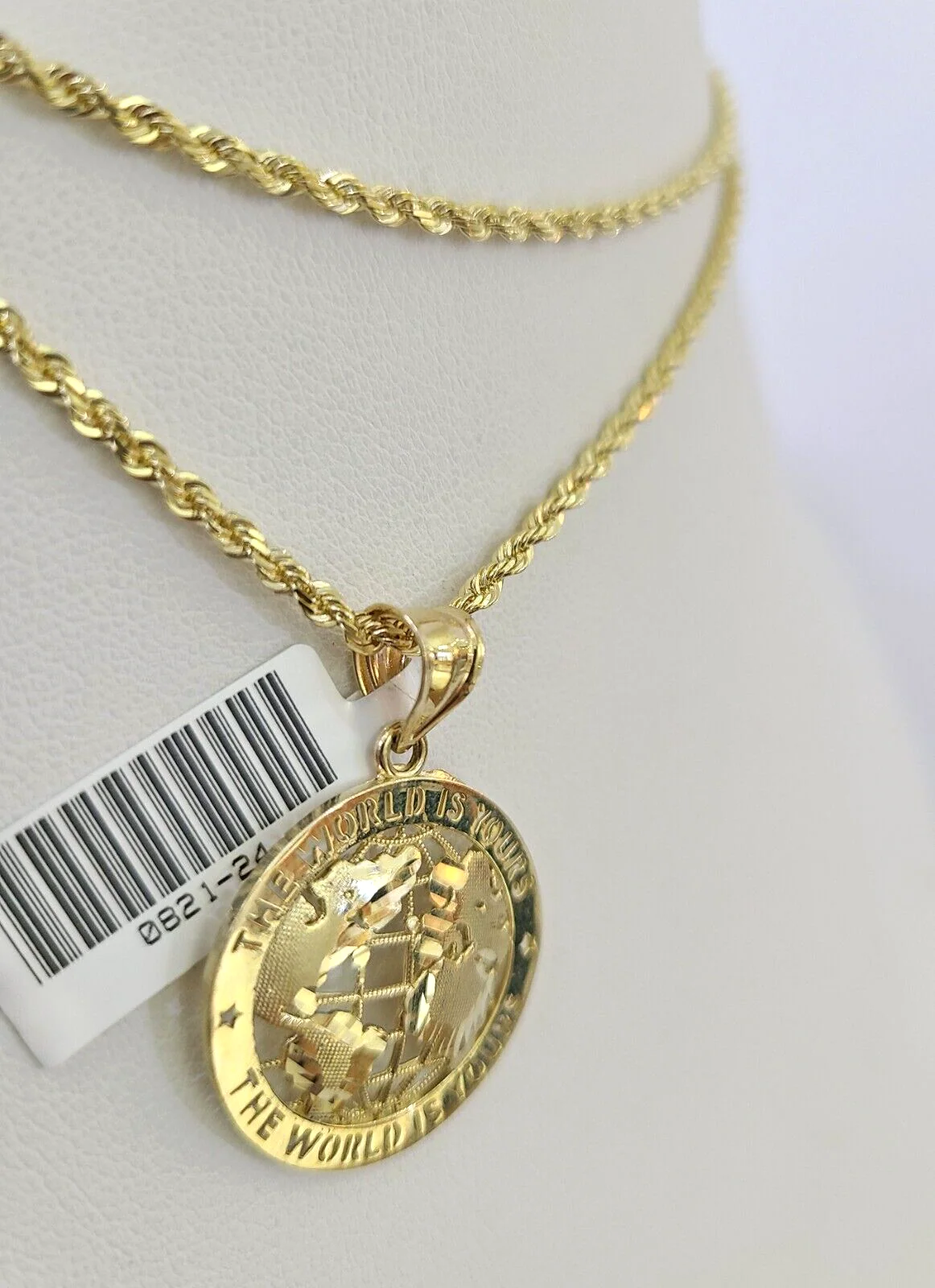 10k Solid Rope Chain 2mm World is Yours Pendant Necklace SET 18-22 in Ladies - Image 5