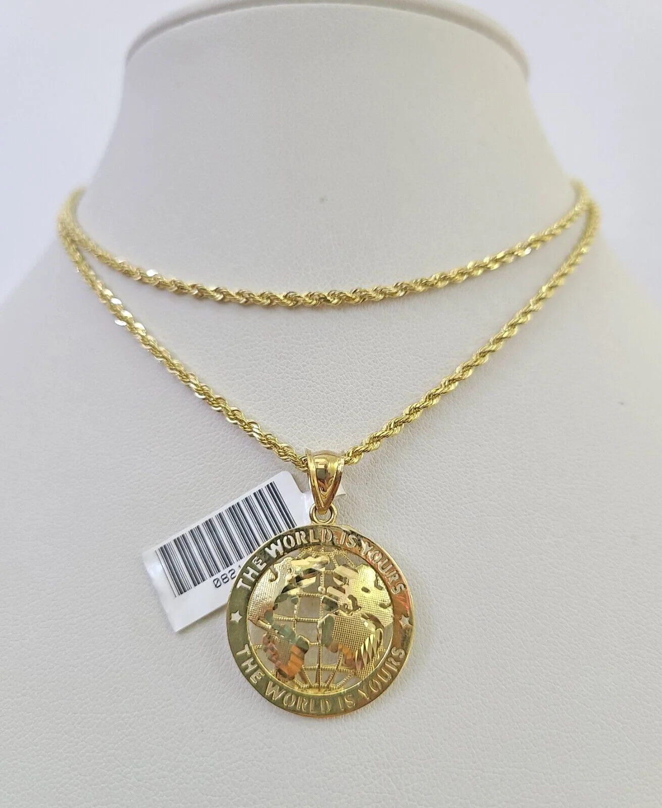 10k Solid Rope Chain 2mm World is Yours Pendant Necklace SET 18-22 in Ladies - Image 6