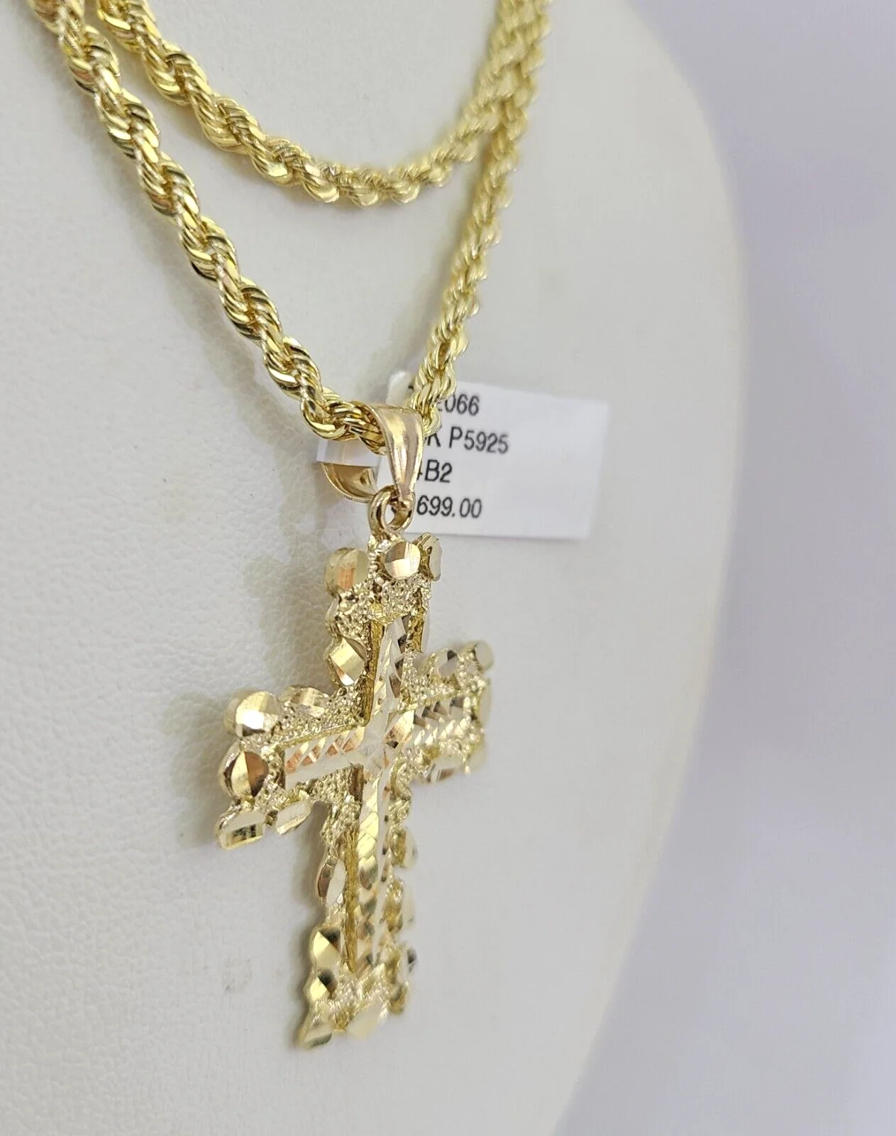 10k Solid Rope Chain 3mm Jesus Cross Necklace Pendant Charm SET 18-26 in - Image 2