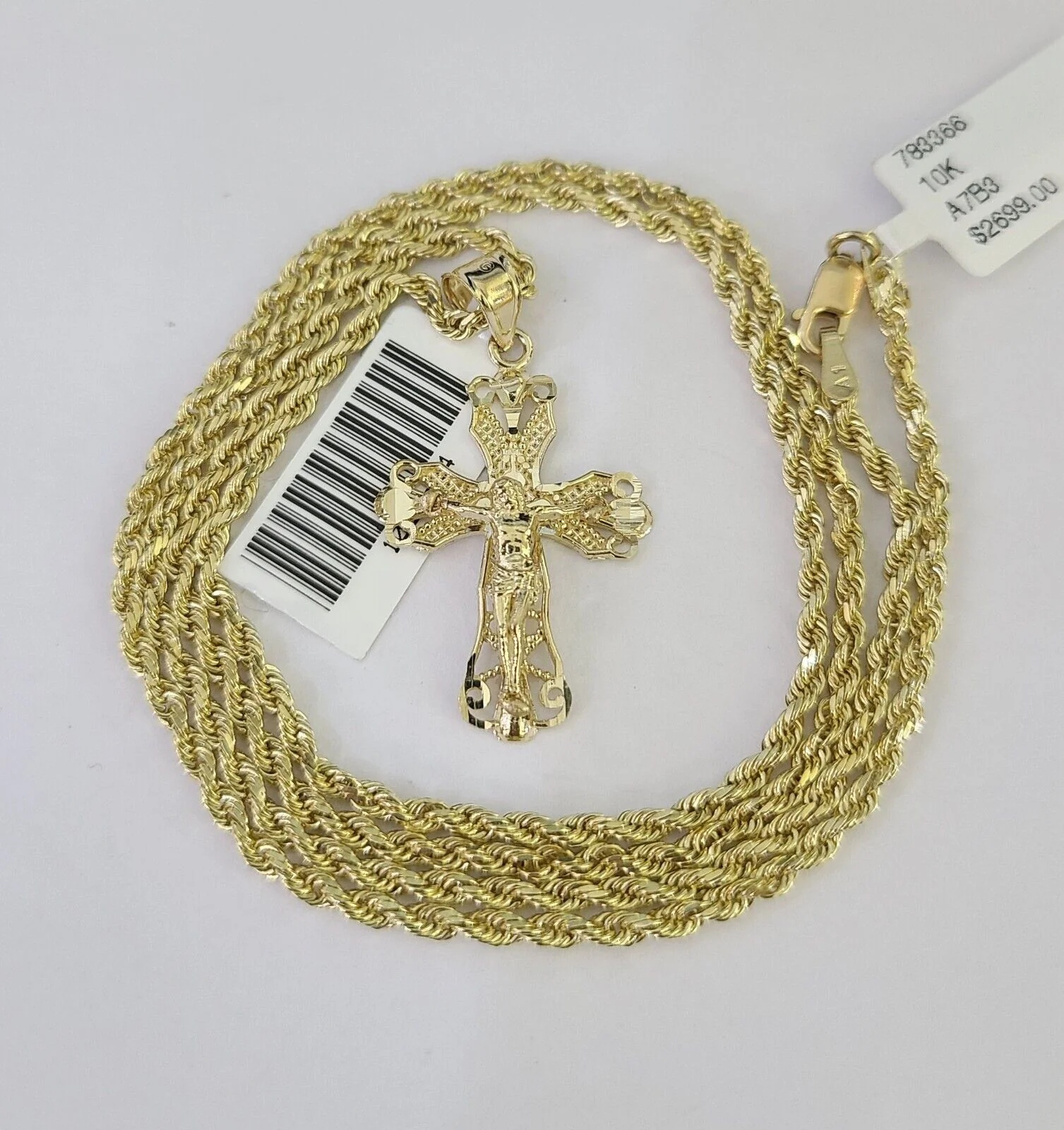 10k Solid Rope Chain 3mm Jesus Cross Pendant Charm Necklace SET 18-24 in - Image 5