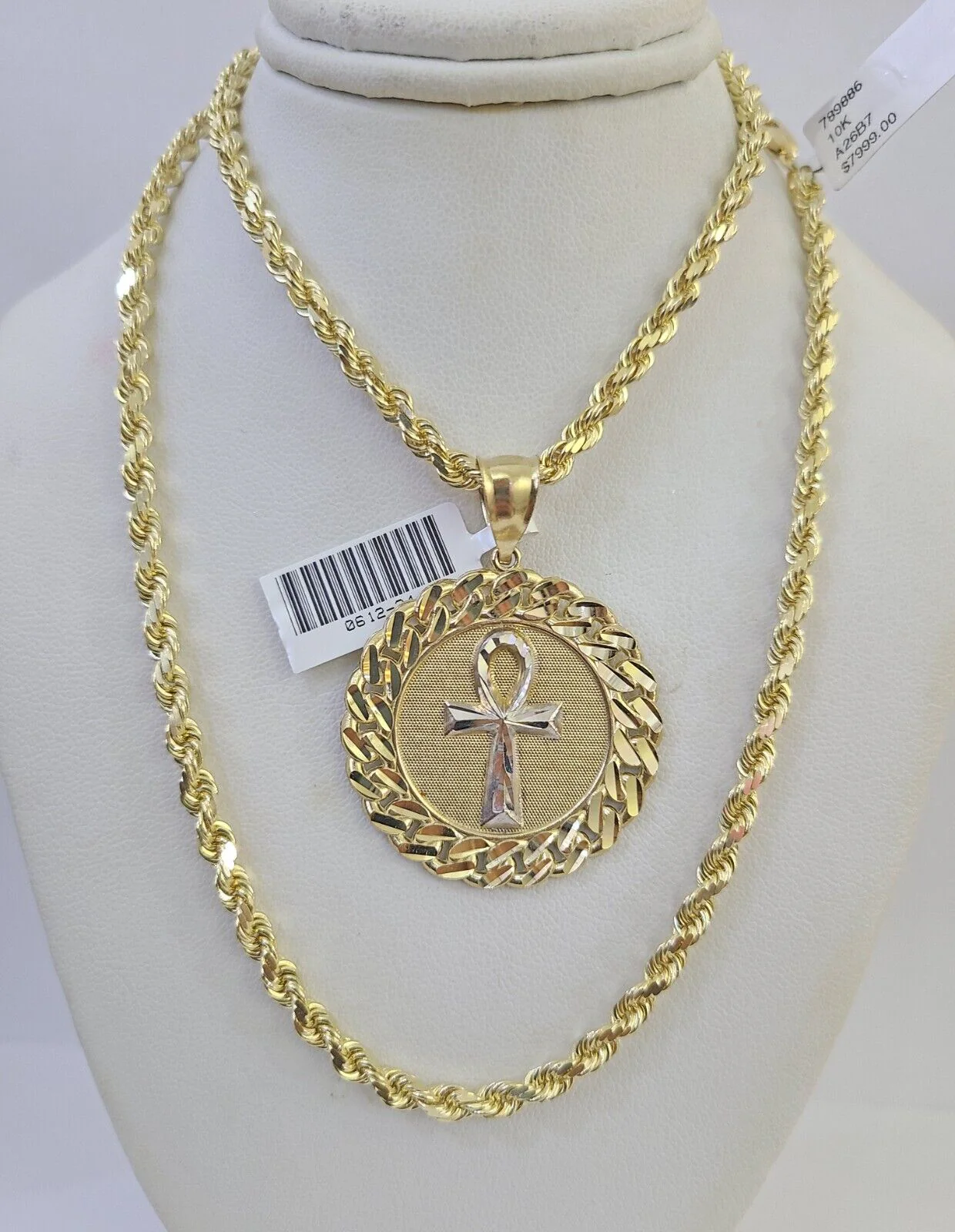 10k Solid Rope Chain Ankh Cross Charm Set 4mm 20"-28" Necklace Gold Yellow - Image 3