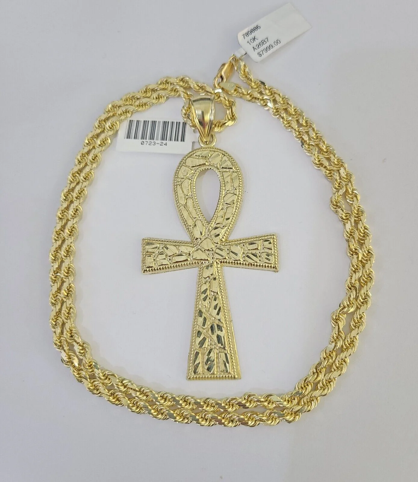 10k Solid Rope Chain Ankh Cross Charm Set 4mm 20"-28" Necklace Gold Yellow - Image 2