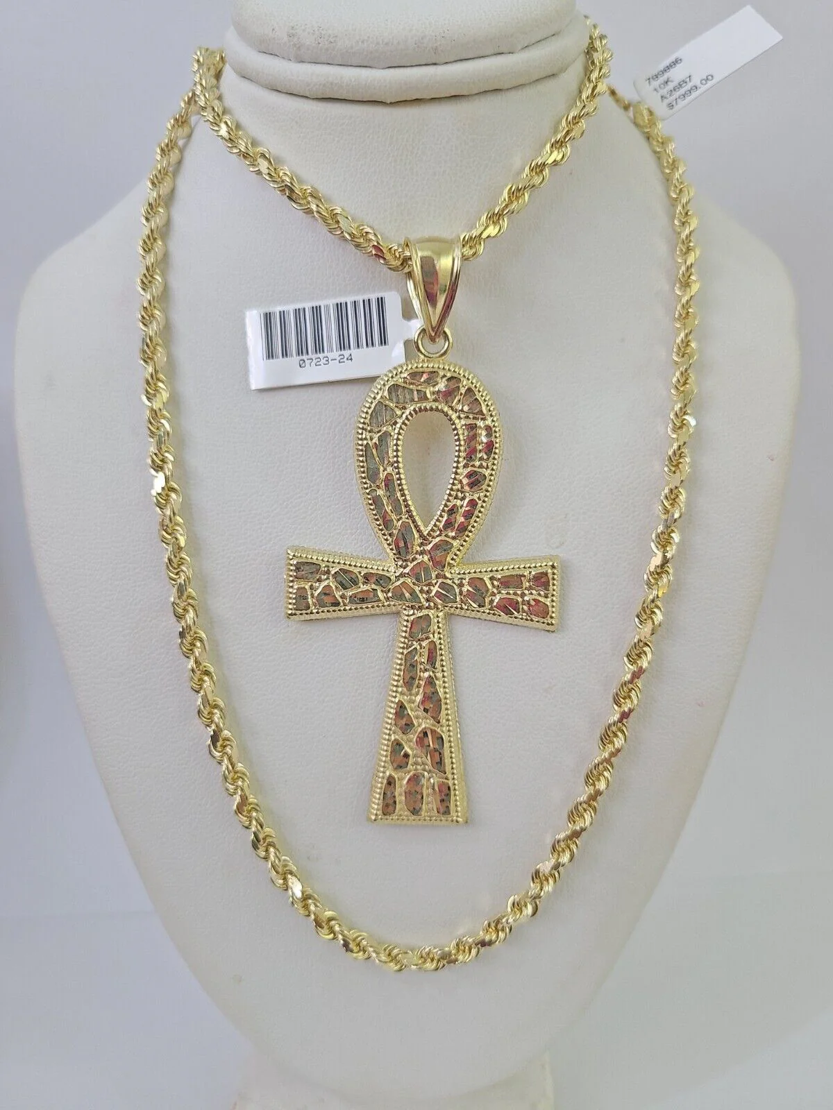 10k Solid Rope Chain Ankh Cross Charm Set 4mm 20"-28" Necklace Gold Yellow - Image 4