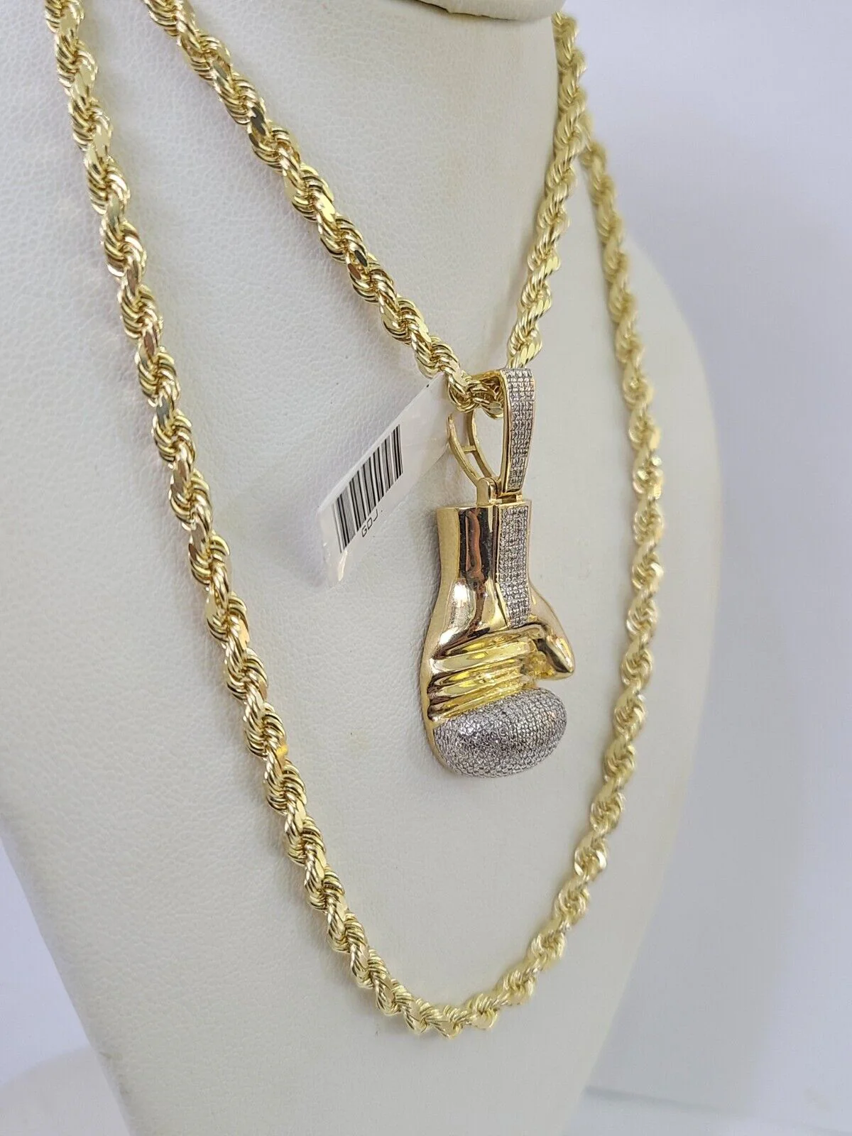 10k Solid Rope Chain Boxing Gloves Charm Diamond Set 4mm 20"-28" Necklace Gold - Image 2