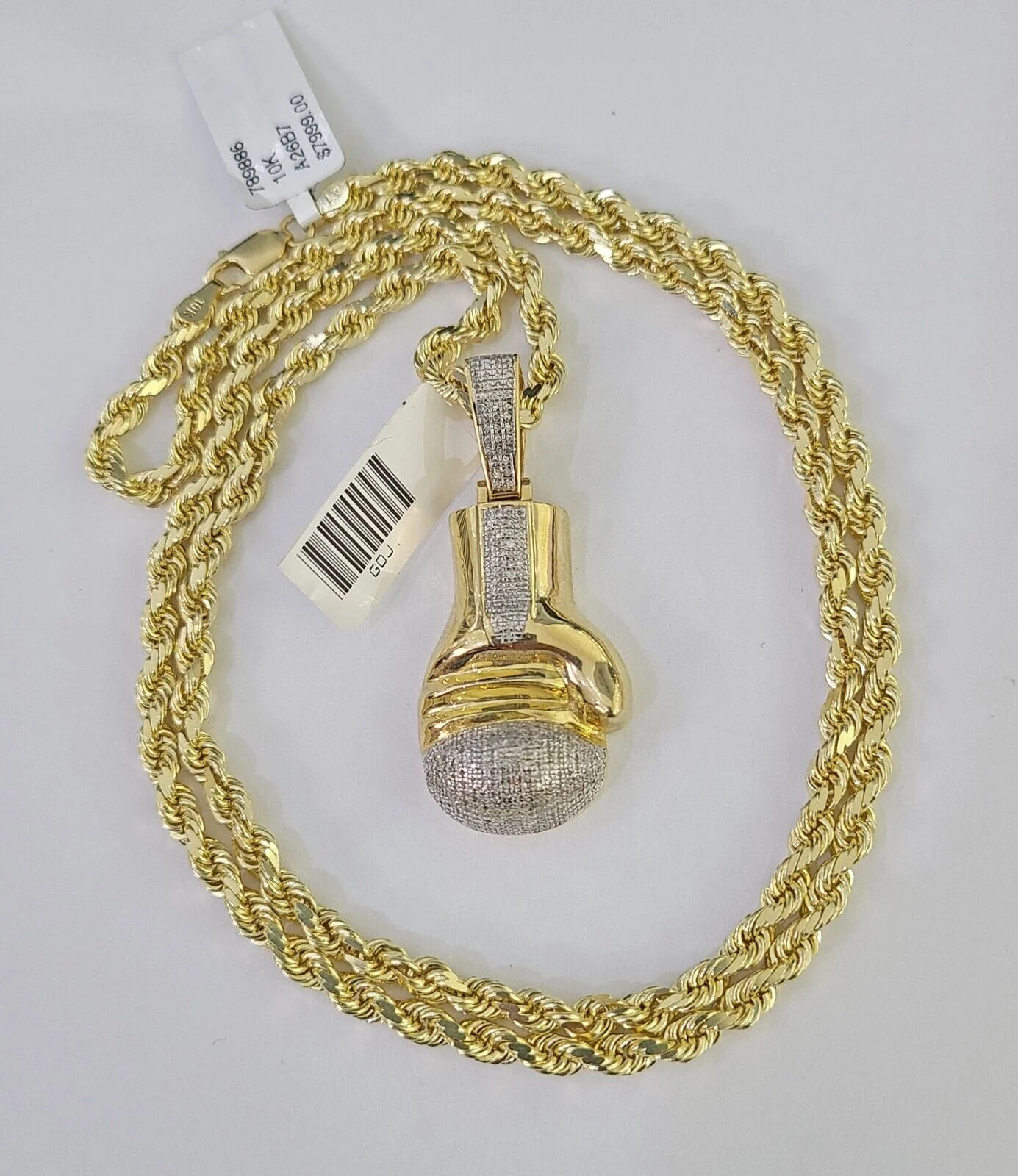 10k Solid Rope Chain Boxing Gloves Charm Diamond Set 4mm 20"-28" Necklace Gold - Image 3