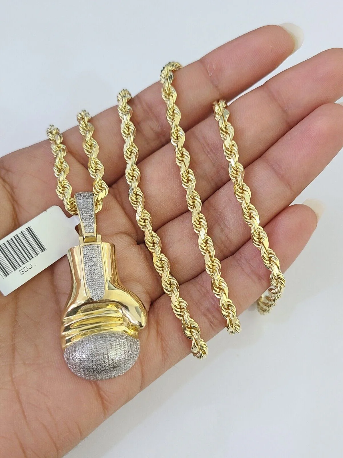 10k Solid Rope Chain Boxing Gloves Charm Diamond Set 4mm 20"-28" Necklace Gold - Image 6